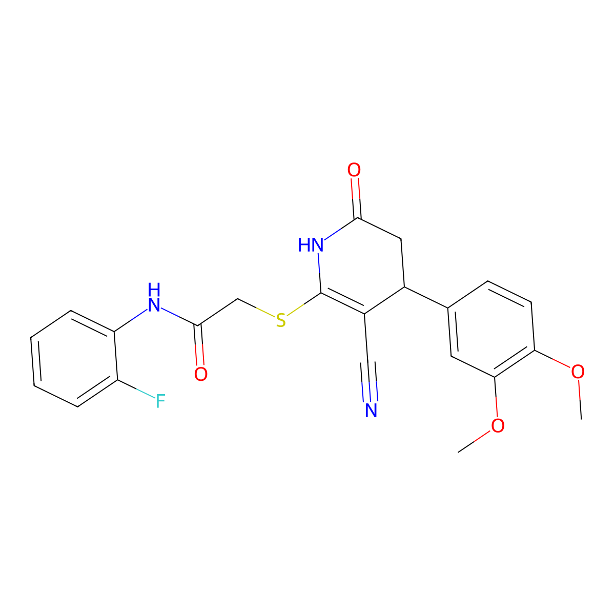 2-((3-cyano-4-(3,4-dimethoxyphenyl)-6-oxo-1,4,5,6-tetrahydropyridin-2-yl)thio)-N-(2-fluorophenyl)acetamide molecular structure, CAS 799799-35-2