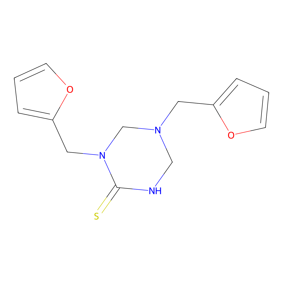 1,5-Bis(furan-2-ylmethyl)-1,3,5-triazinane-2-thione molecular structure, CAS 799799-37-4