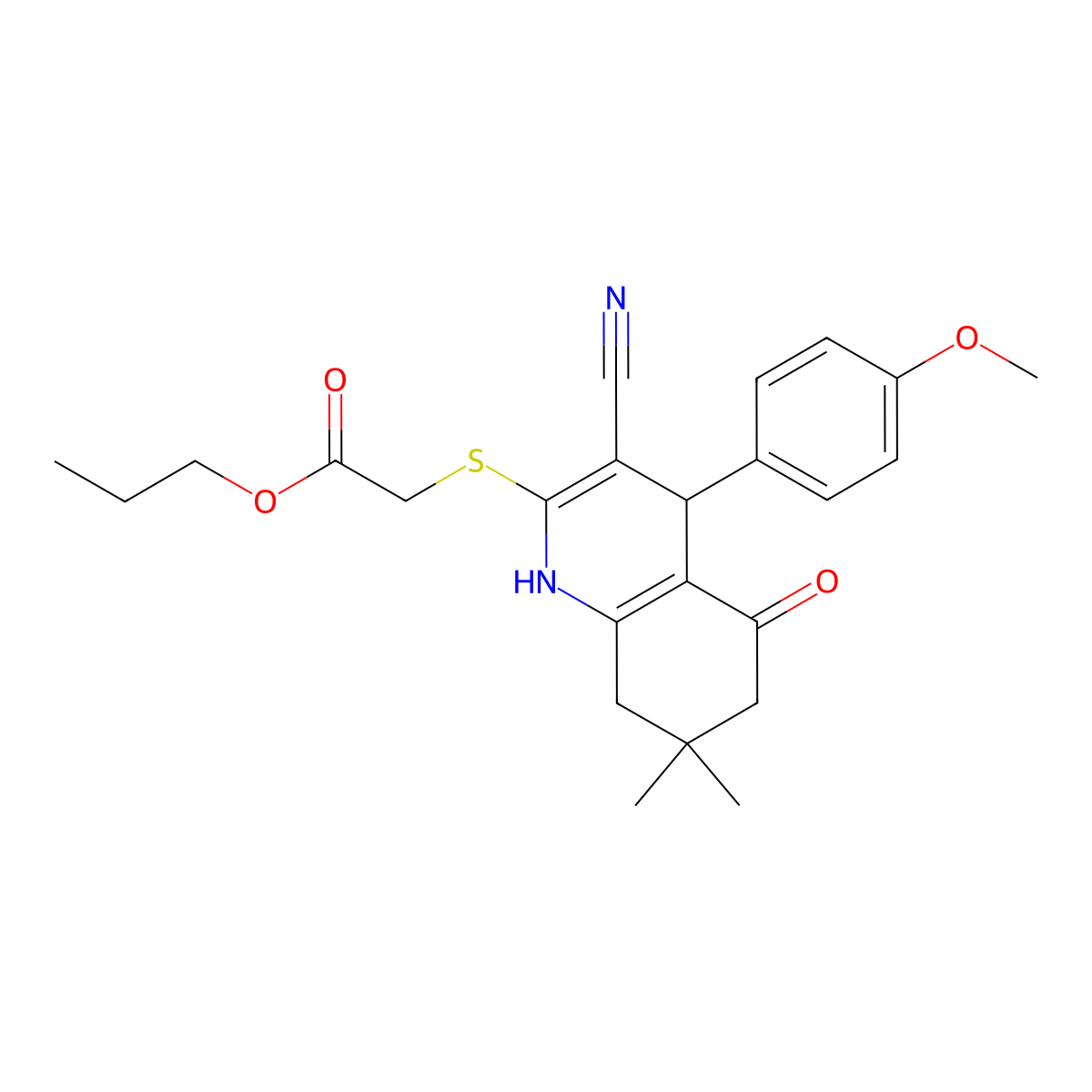 Propyl {[3-cyano-5-hydroxy-4-(4-methoxyphenyl)-7,7-dimethyl-4,6,7,8-tetrahydroquinolin-2-yl]sulfanyl}acetate molecular structure, CAS 799799-82-9