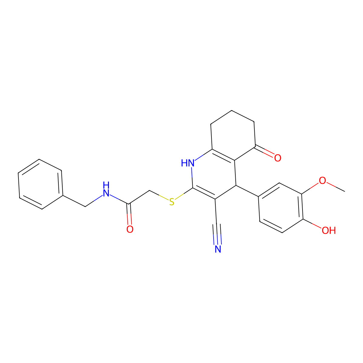 N-benzyl-2-{[3-cyano-4-(4-hydroxy-3-methoxyphenyl)-5-oxo-1,4,5,6,7,8-hexahydroquinolin-2-yl]sulfanyl}acetamide molecular structure, CAS 799800-17-2
