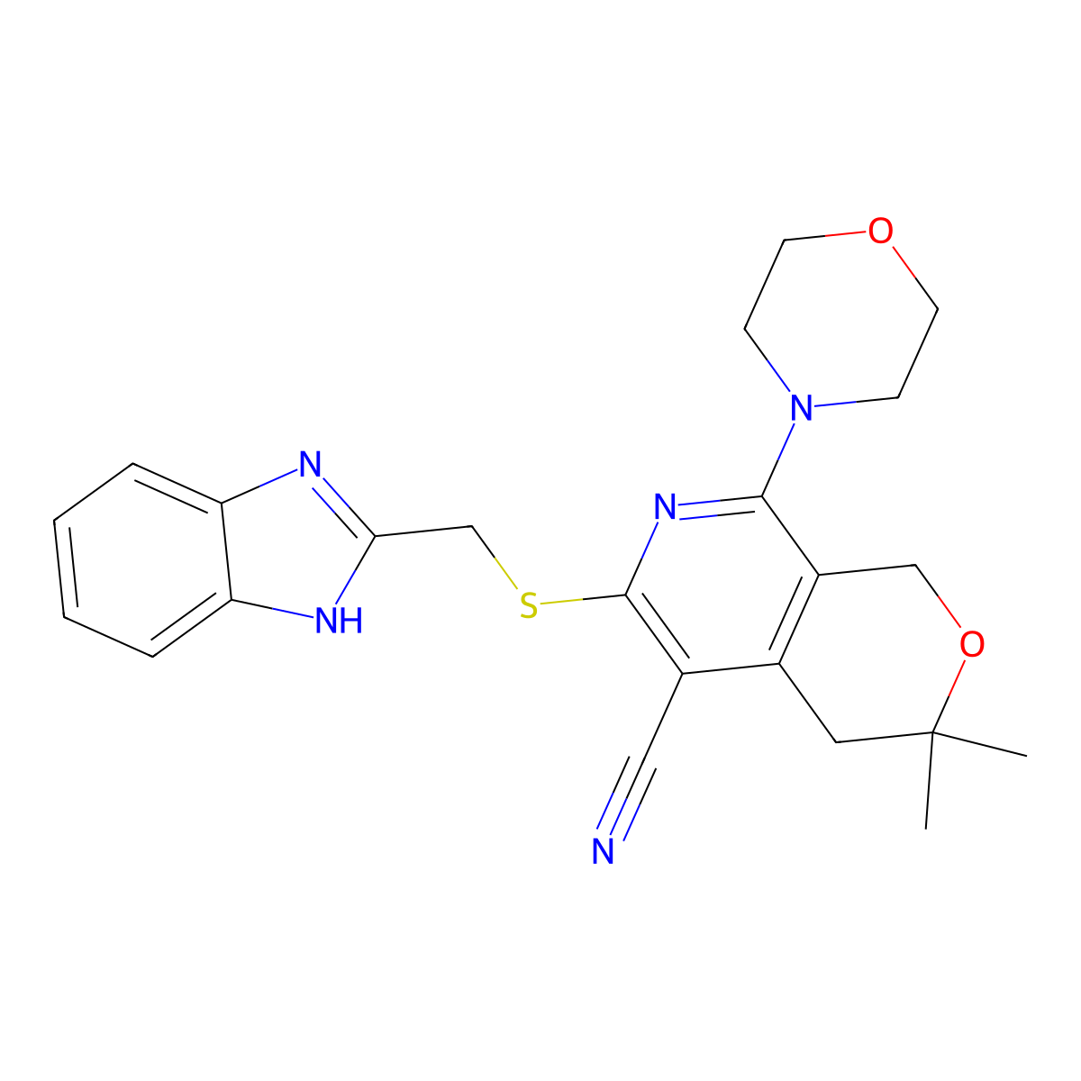 6-(((1H-Benzo[d]imidazol-2-yl)methyl)thio)-3,3-dimethyl-8-morpholino-3,4-dihydro-1H-pyrano[3,4-c]pyridine-5-carbonitrile molecular structure, CAS 799800-49-0