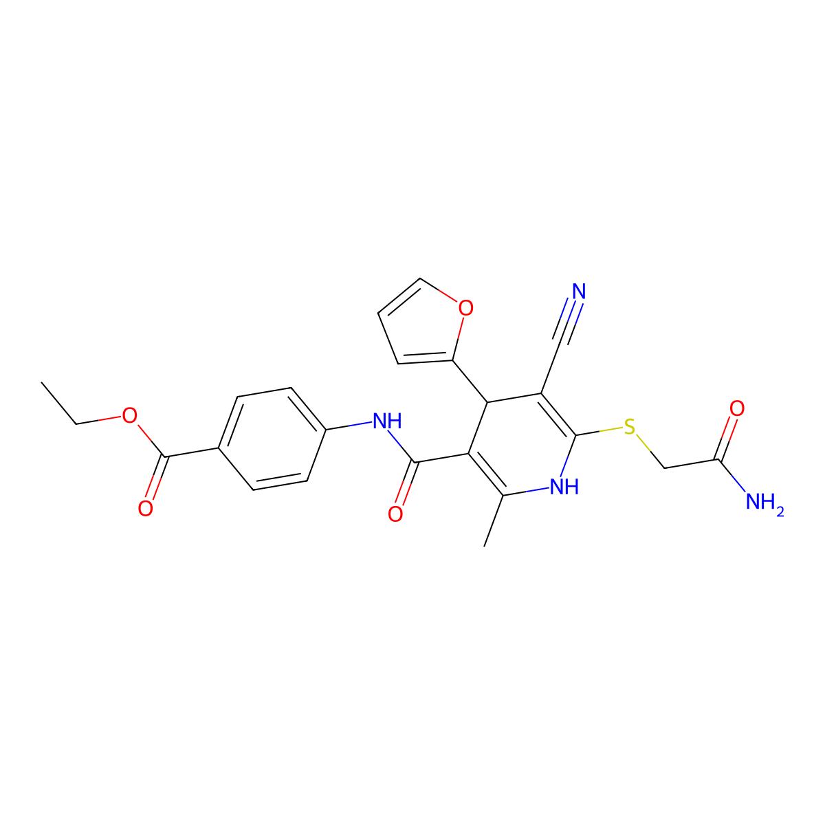 Ethyl 4-(6-((2-amino-2-oxoethyl)thio)-5-cyano-4-(furan-2-yl)-2-methyl-1,4-dihydropyridine-3-carboxamido)benzoate molecular structure, CAS 799801-27-7