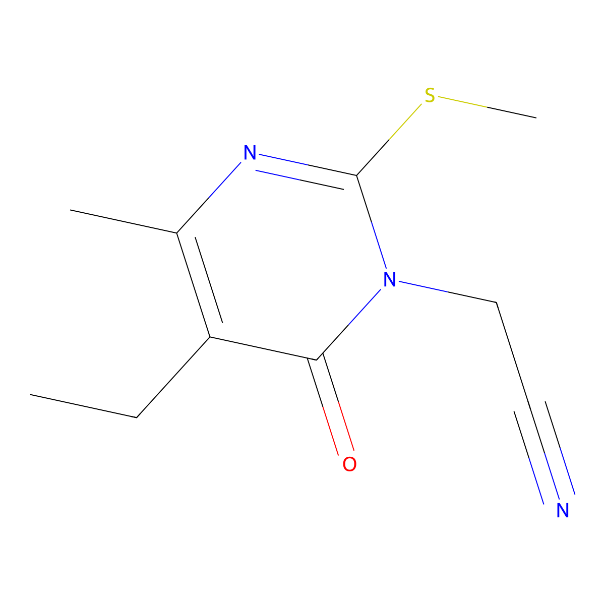 2-(5-Ethyl-4-methyl-2-(methylthio)-6-oxopyrimidin-1(6H)-yl)acetonitrile molecular structure, CAS 799801-37-9