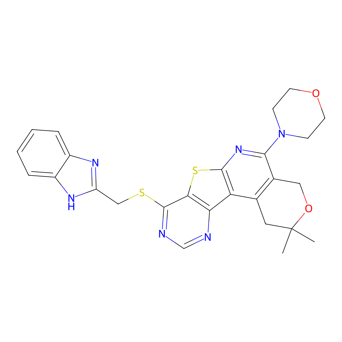 8-(((1H-benzo[d]imidazol-2-yl)methyl)thio)-2,2-dimethyl-5-morpholino-2,4-dihydro-1H-pyrano[4'',3'':4',5']pyrido[3',2':4,5]thieno[3,2-d]pyrimidine molecular structure, CAS 799802-35-0