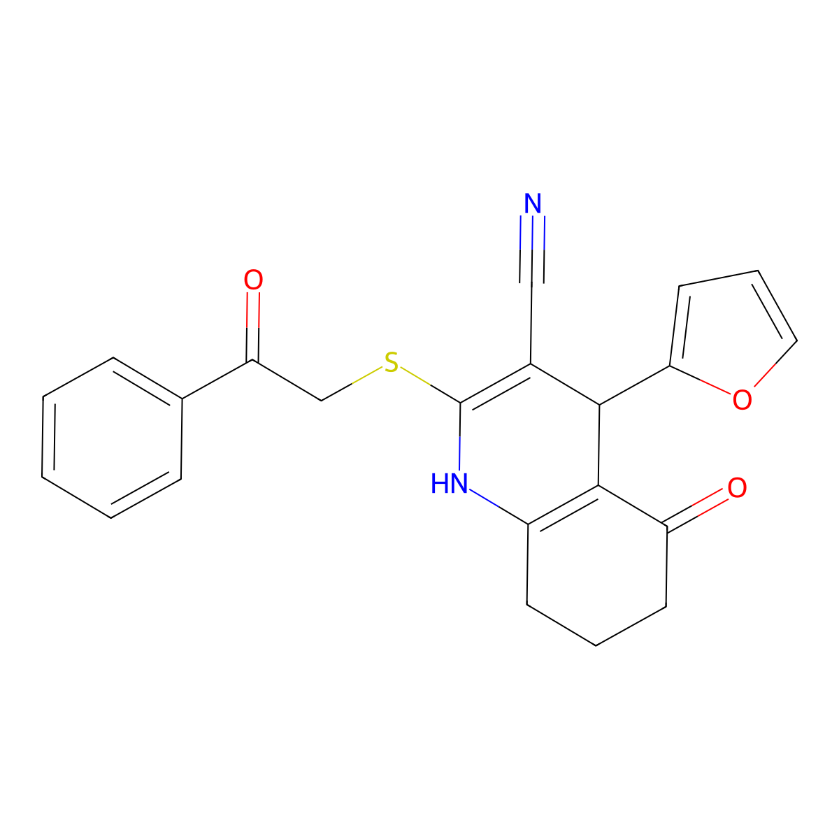 4-(Furan-2-yl)-5-oxo-2-((2-oxo-2-phenylethyl)thio)-1,4,5,6,7,8-hexahydroquinoline-3-carbonitrile molecular structure, CAS 799809-22-6