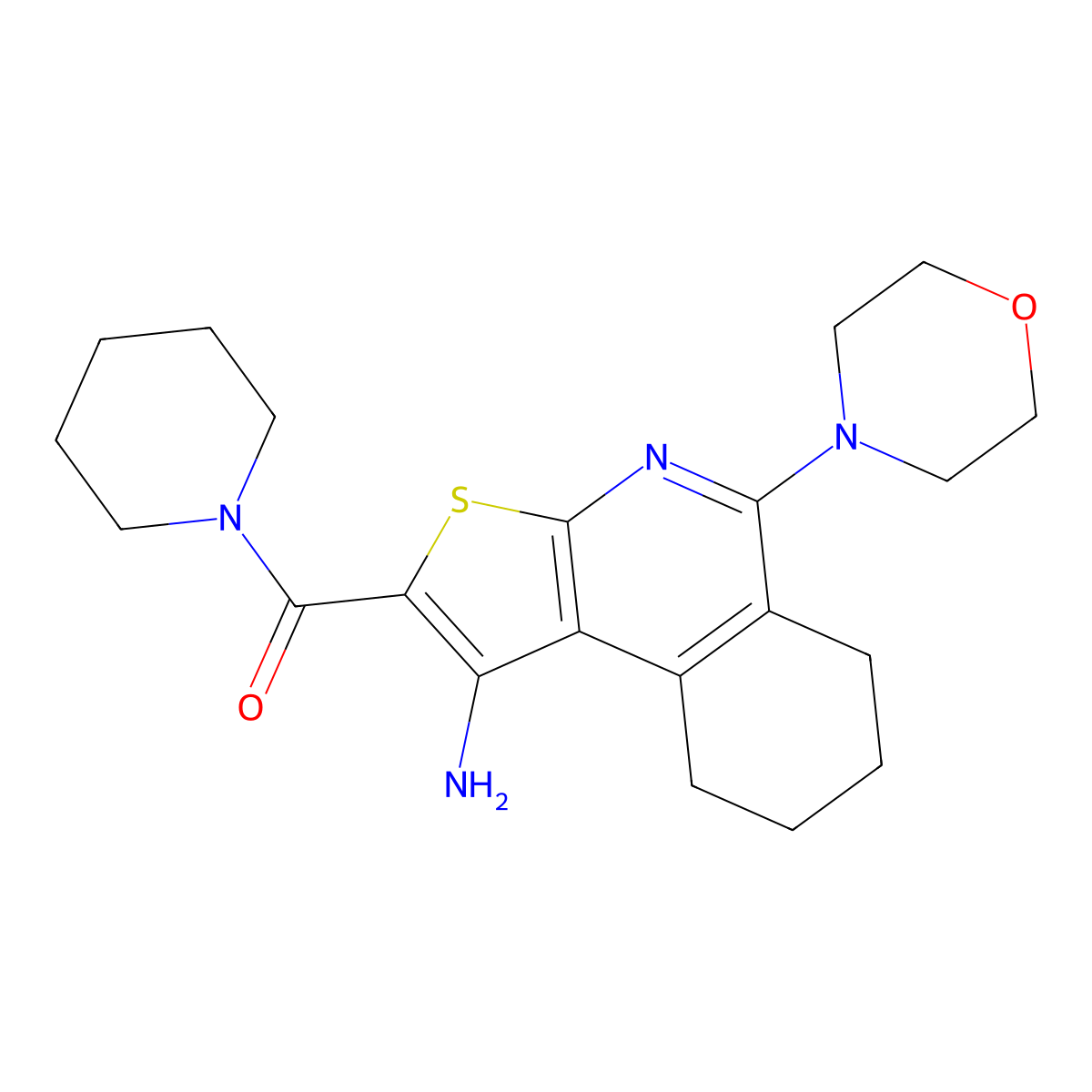 (1-Amino-5-morpholin-4-yl-6,7,8,9-tetrahydrothieno[2,3-c]isoquinolin-2-yl)-piperidin-1-ylmethanone molecular structure, CAS 799810-97-2