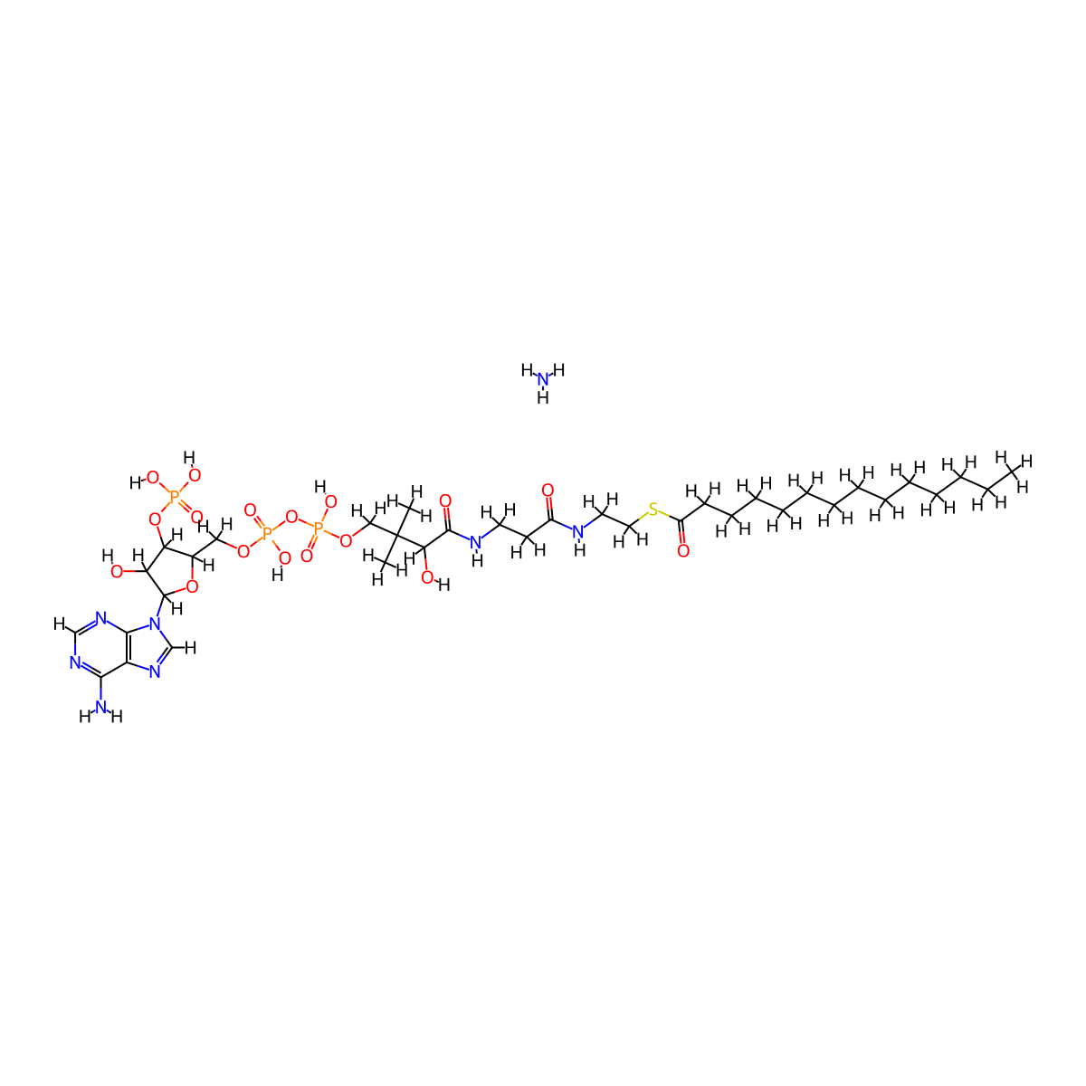 S-[2-[3-[[4-[[[5-(6-aminopurin-9-yl)-4-hydroxy-3-phosphonooxyoxolan-2-yl]methoxy-hydroxyphosphoryl]oxy-hydroxyphosphoryl]oxy-2-hydroxy-3,3-dimethylbutanoyl]amino]propanoylamino]ethyl] tetradecanethioate;azane molecular structure, CAS 799812-85-4