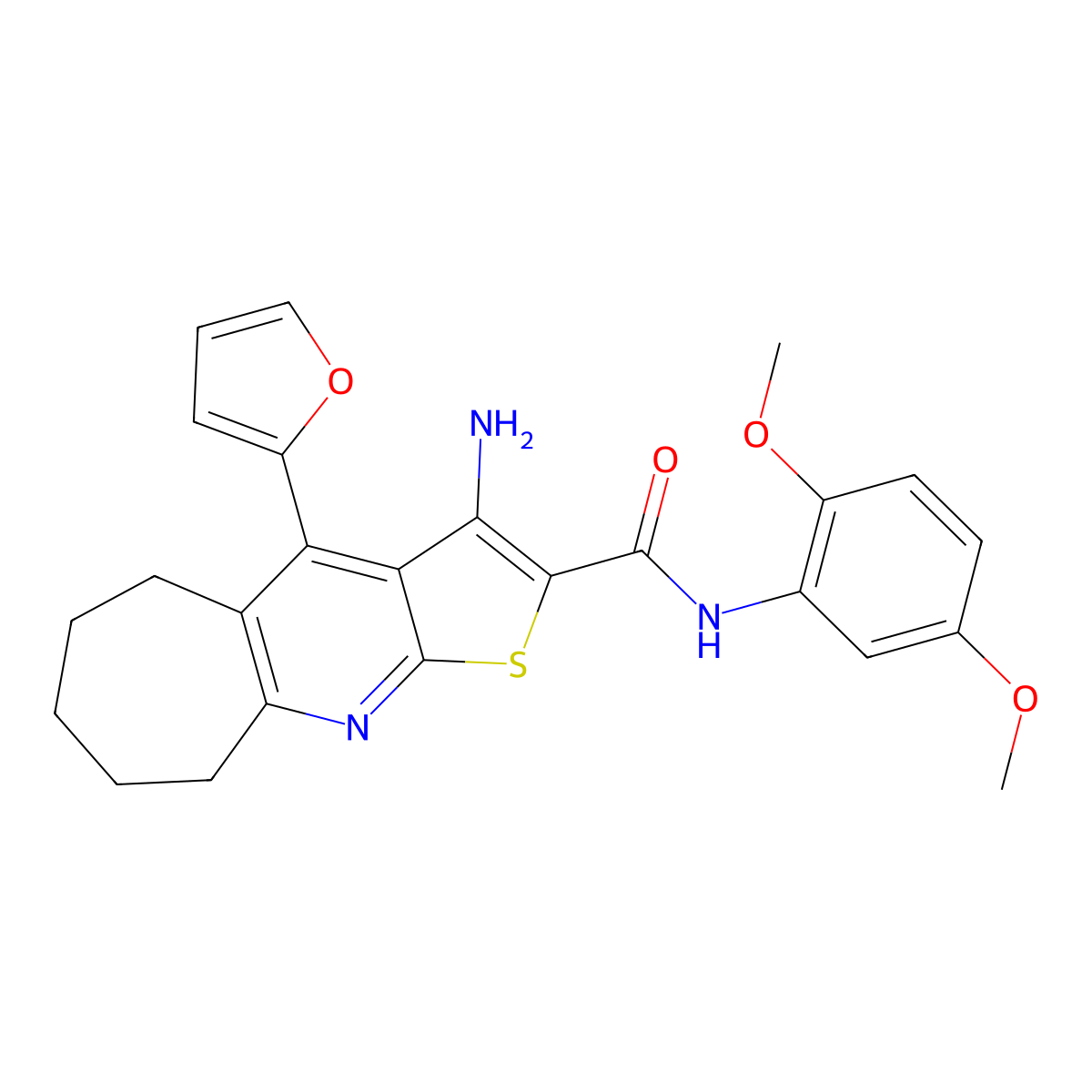 3-amino-N-(2,5-dimethoxyphenyl)-4-(furan-2-yl)-6,7,8,9-tetrahydro-5H-cyclohepta[b]thieno[3,2-e]pyridine-2-carboxamide molecular structure, CAS 799817-62-2