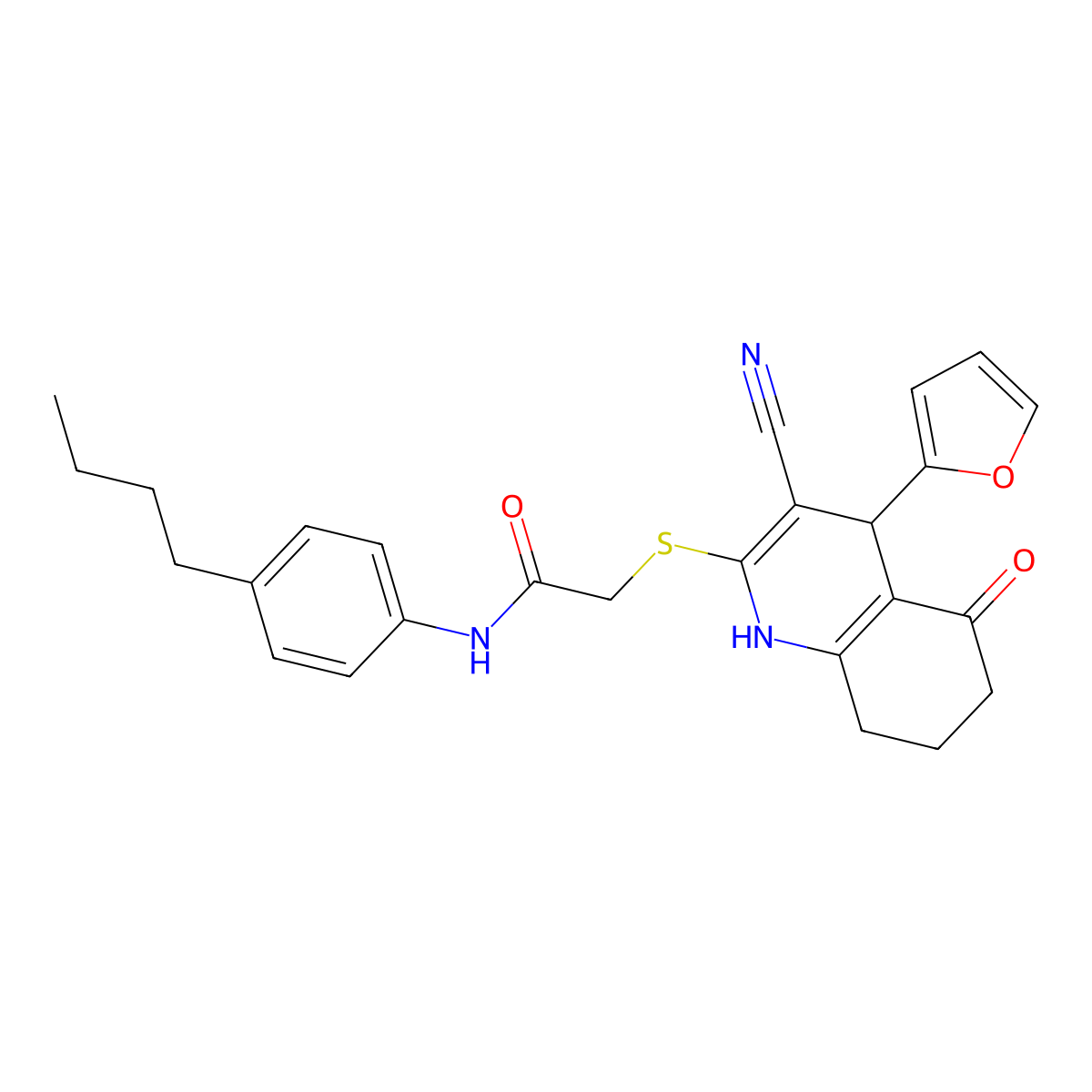 N-(4-butylphenyl)-2-{[3-cyano-4-(furan-2-yl)-5-hydroxy-4,6,7,8-tetrahydroquinolin-2-yl]sulfanyl}acetamide molecular structure, CAS 799821-24-2