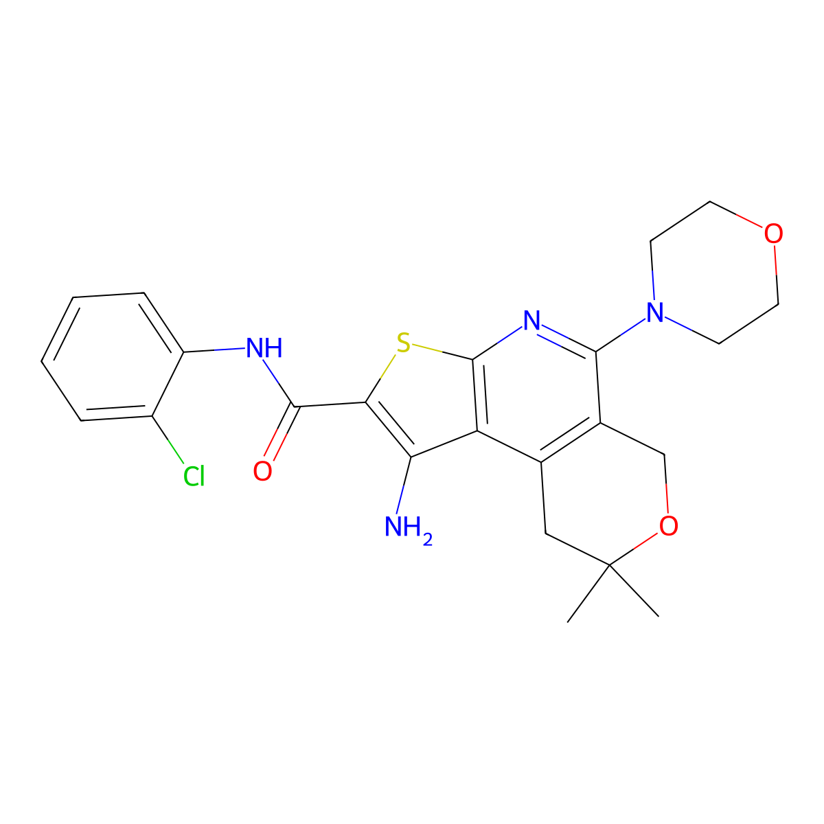 1-amino-N-(2-chlorophenyl)-8,8-dimethyl-5-morpholino-8,9-dihydro-6H-pyrano[4,3-d]thieno[2,3-b]pyridine-2-carboxamide molecular structure, CAS 799823-68-0