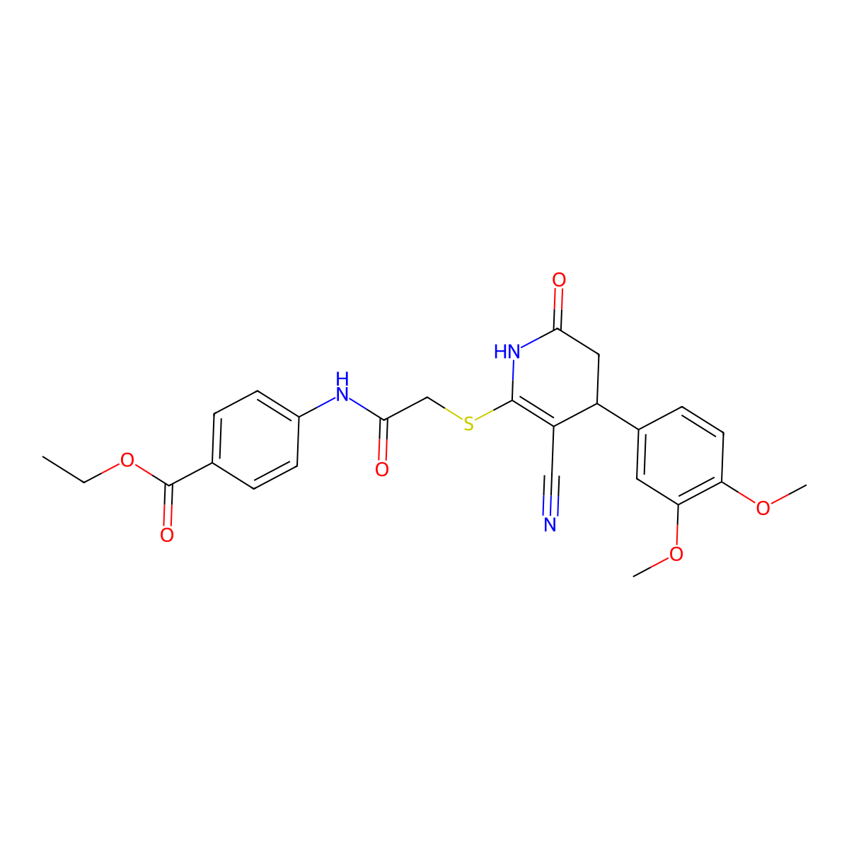 Ethyl 4-[({[3-cyano-4-(3,4-dimethoxyphenyl)-6-hydroxy-4,5-dihydropyridin-2-yl]sulfanyl}acetyl)amino]benzoate molecular structure, CAS 799825-76-6