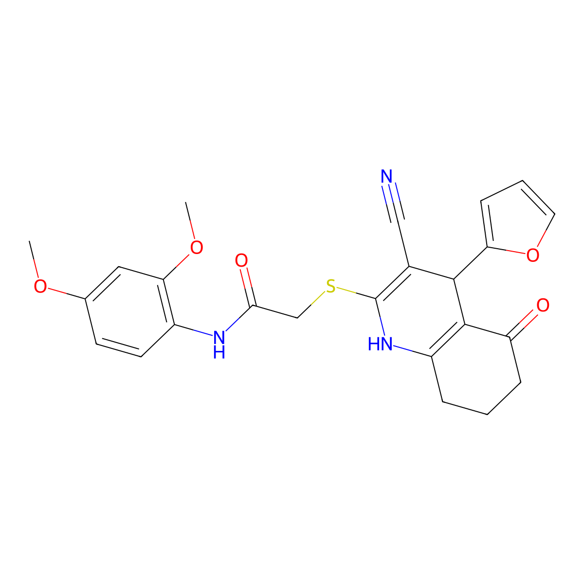 2-{[3-cyano-4-(furan-2-yl)-5-oxo-1,4,5,6,7,8-hexahydroquinolin-2-yl]sulfanyl}-N-(2,4-dimethoxyphenyl)acetamide molecular structure, CAS 799825-96-0