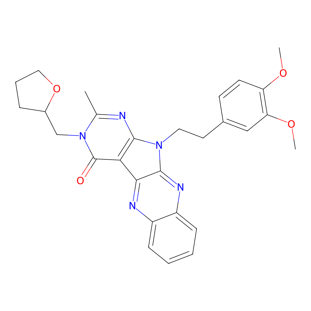 11-(3,4-dimethoxyphenethyl)-2-methyl-3-((tetrahydrofuran-2-yl)methyl)-3H-pyrimido[5',4':4,5]pyrrolo[2,3-b]quinoxalin-4(11H)-one molecular structure, CAS 799830-33-4
