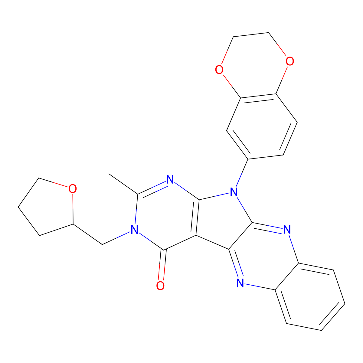 11-(2,3-dihydrobenzo[b][1,4]dioxin-6-yl)-2-methyl-3-((tetrahydrofuran-2-yl)methyl)-3H-pyrimido[5',4':4,5]pyrrolo[2,3-b]quinoxalin-4(11H)-one molecular structure, CAS 799830-46-9