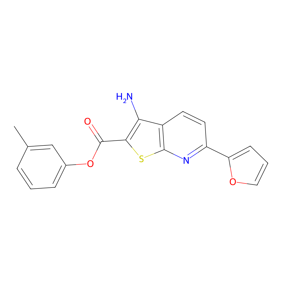 3-Methylphenyl 3-amino-6-(2-furyl)thieno[2,3-b]pyridine-2-carboxylate molecular structure, CAS 799830-51-6