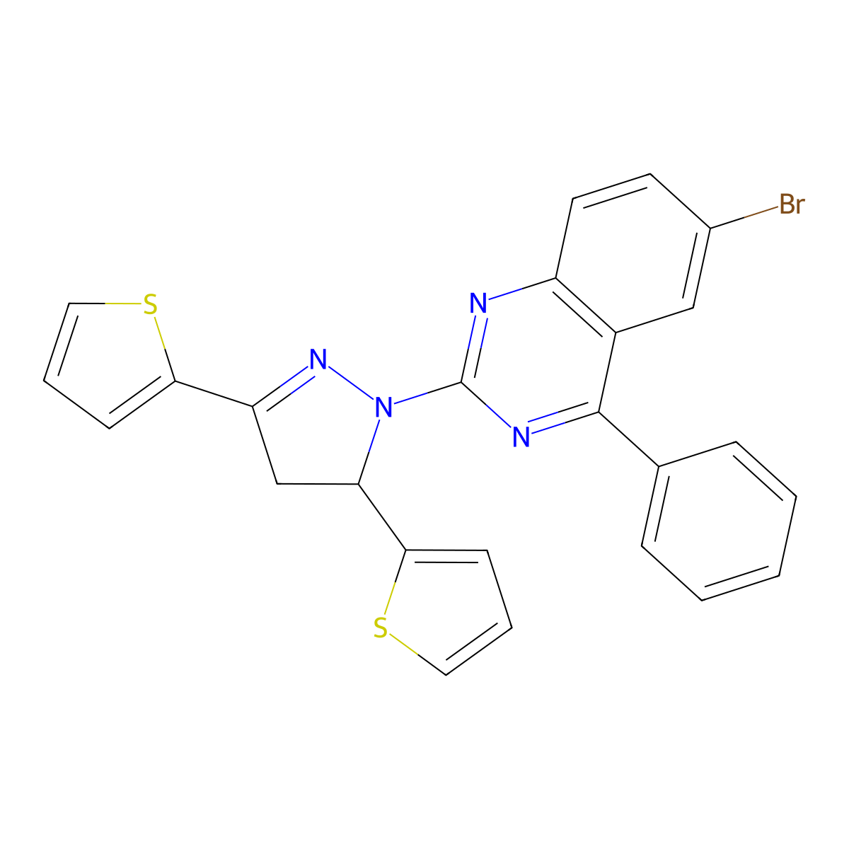 6-bromo-2-(3,5-di(thiophen-2-yl)-4,5-dihydro-1H-pyrazol-1-yl)-4-phenylquinazoline molecular structure, CAS 799831-31-5