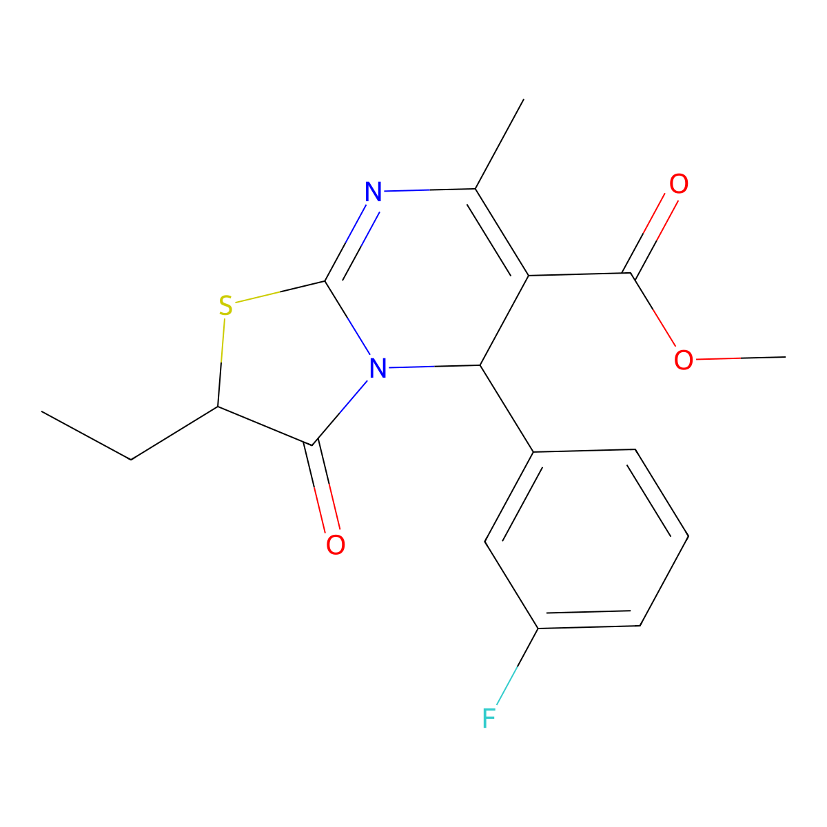 methyl 2-ethyl-5-(3-fluorophenyl)-7-methyl-3-oxo-2,3-dihydro-5H-[1,3]thiazolo[3,2-a]pyrimidine-6-carboxylate molecular structure, CAS 799832-28-3