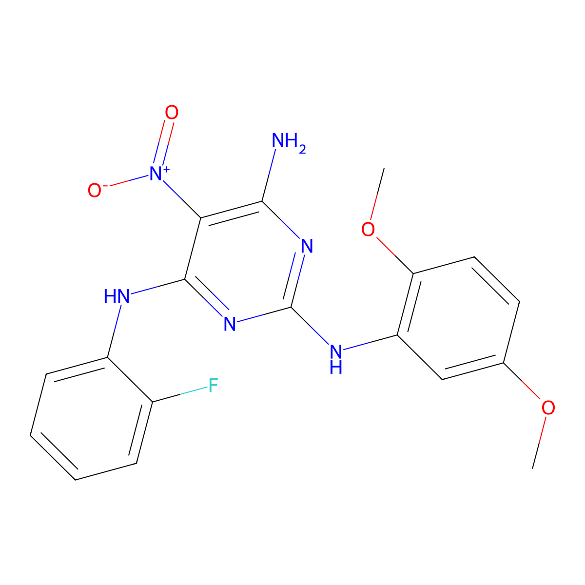 N2-(2,5-dimethoxyphenyl)-N4-(2-fluorophenyl)-5-nitropyrimidine-2,4,6-triamine molecular structure, CAS 799832-74-9