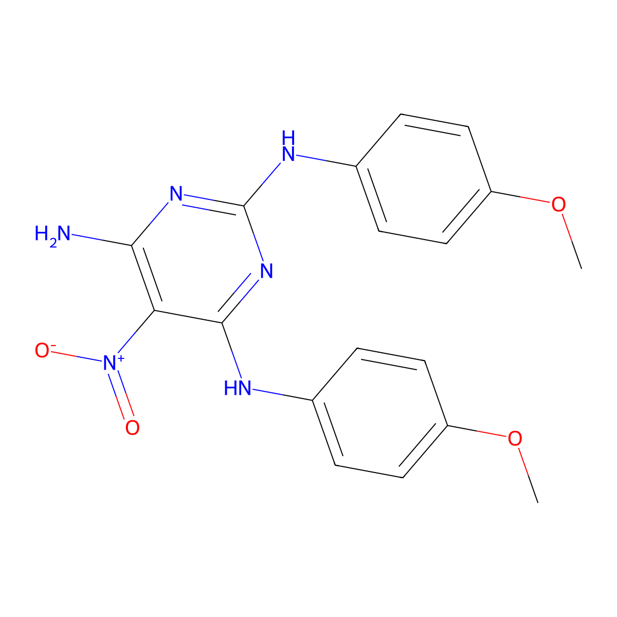 2-N,4-N-bis(4-methoxyphenyl)-5-nitropyrimidine-2,4,6-triamine molecular structure, CAS 799834-17-6