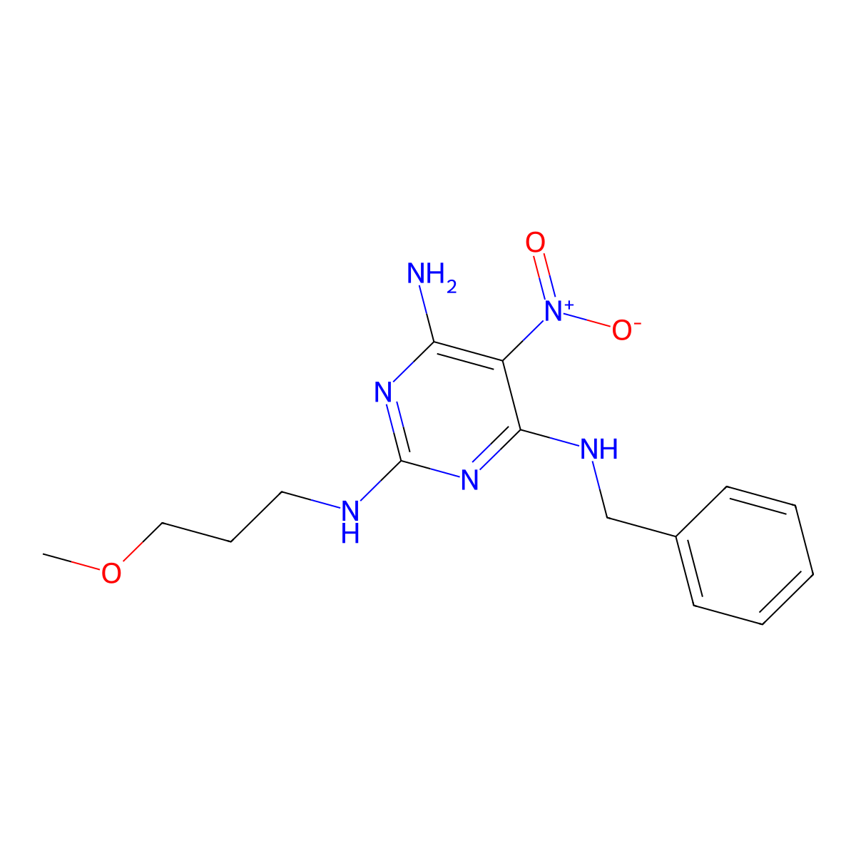 4-N-benzyl-2-N-(3-methoxypropyl)-5-nitropyrimidine-2,4,6-triamine molecular structure, CAS 799834-79-0