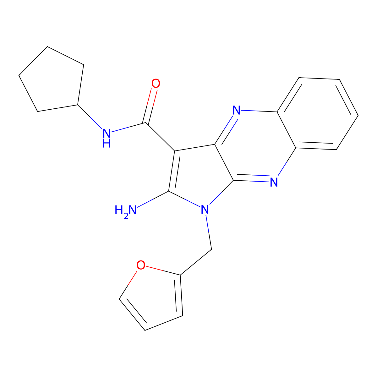2-amino-N-cyclopentyl-1-(furan-2-ylmethyl)-1H-pyrrolo[2,3-b]quinoxaline-3-carboxamide molecular structure, CAS 799834-99-4