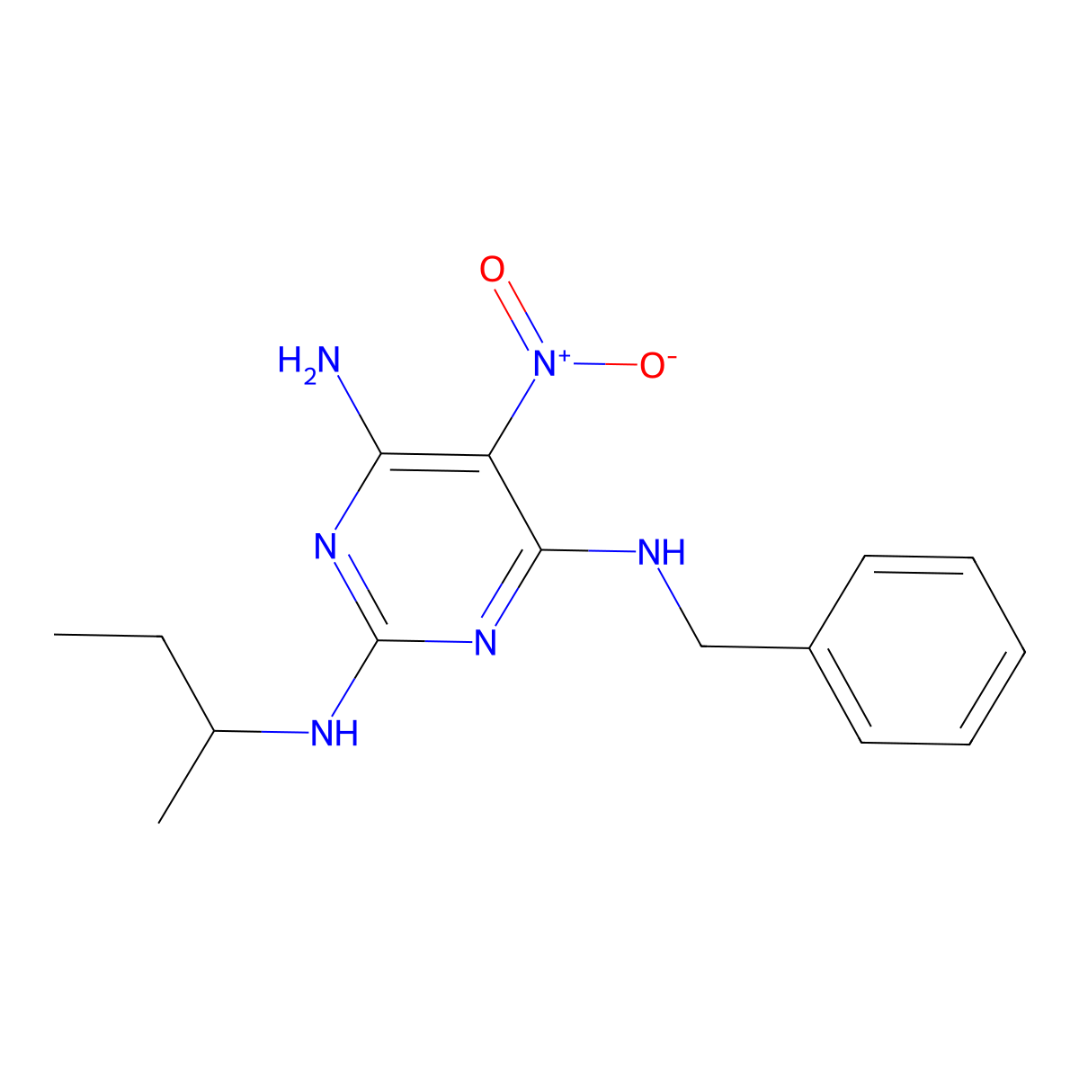 4-N-benzyl-2-N-butan-2-yl-5-nitropyrimidine-2,4,6-triamine molecular structure, CAS 799836-81-0