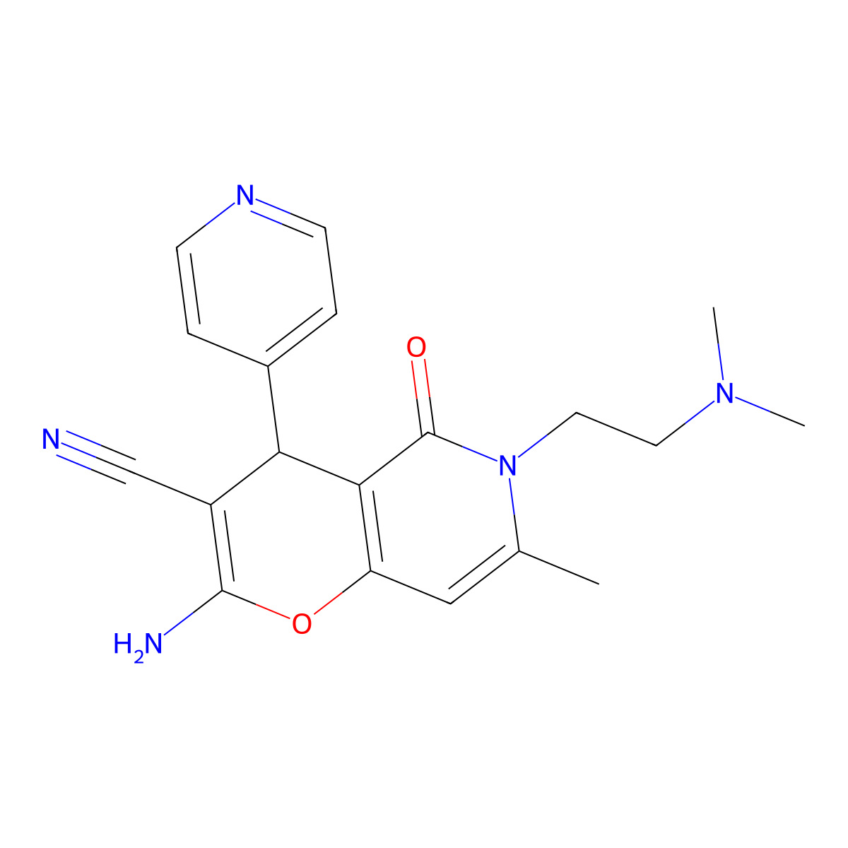 2-amino-6-(2-(dimethylamino)ethyl)-7-methyl-5-oxo-4-(pyridin-4-yl)-5,6-dihydro-4H-pyrano[3,2-c]pyridine-3-carbonitrile molecular structure, CAS 799837-35-7