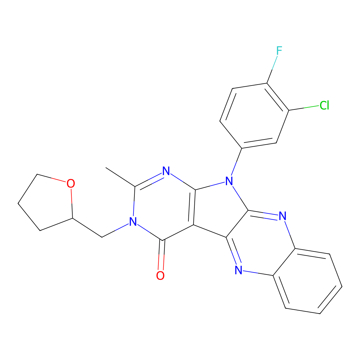 11-(3-chloro-4-fluorophenyl)-2-methyl-3-((tetrahydrofuran-2-yl)methyl)-3H-pyrimido[5',4':4,5]pyrrolo[2,3-b]quinoxalin-4(11H)-one molecular structure, CAS 799837-48-2