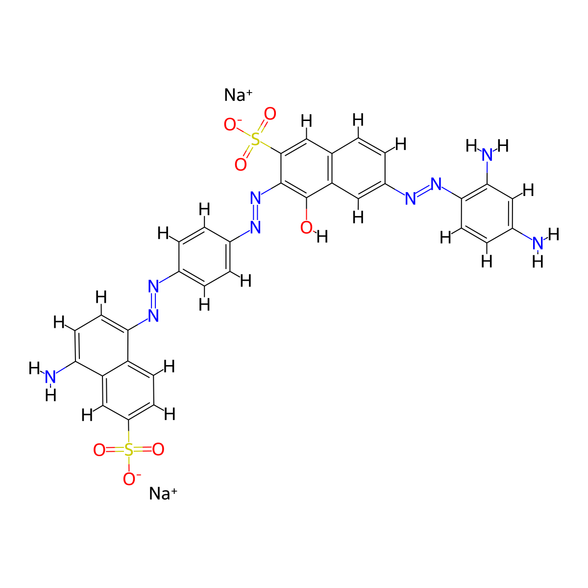 2-Naphthalenesulfonic acid, 3-(2-(4-(2-(4-amino-6(or 7)-sulfo-1-naphthalenyl)diazenyl)phenyl)diazenyl)-6-(2-(2,4-diaminophenyl)diazenyl)-4-hydroxy-, sodium salt (1:2) molecular structure, CAS 8003-62-1