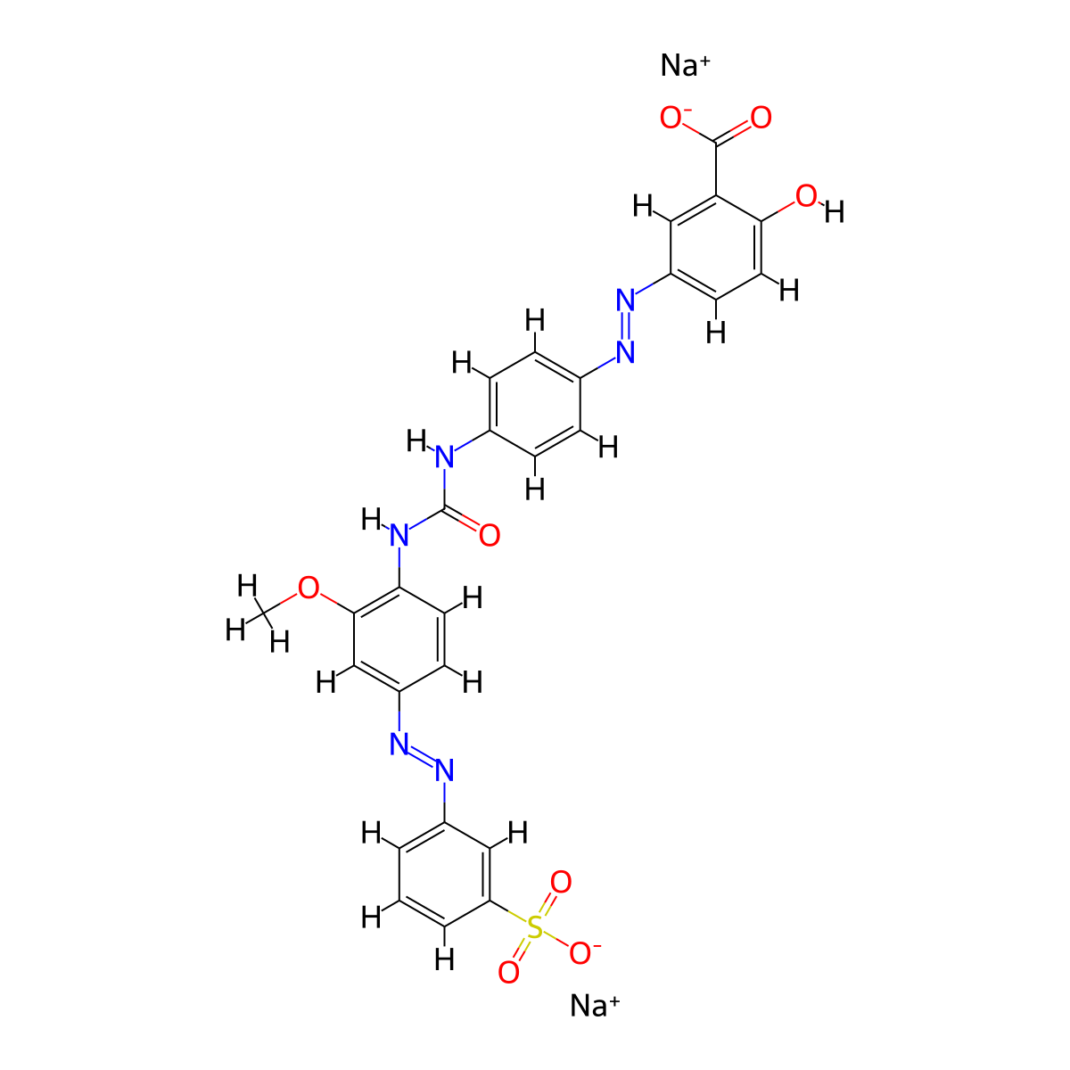 Benzoic acid, 2-hydroxy-5-((4-((((2-methoxy-4-((3-sulfophenyl)azo)phenyl)amino)carbonyl)amino)phenyl)azo)-, disodium salt molecular structure, CAS 8005-52-5