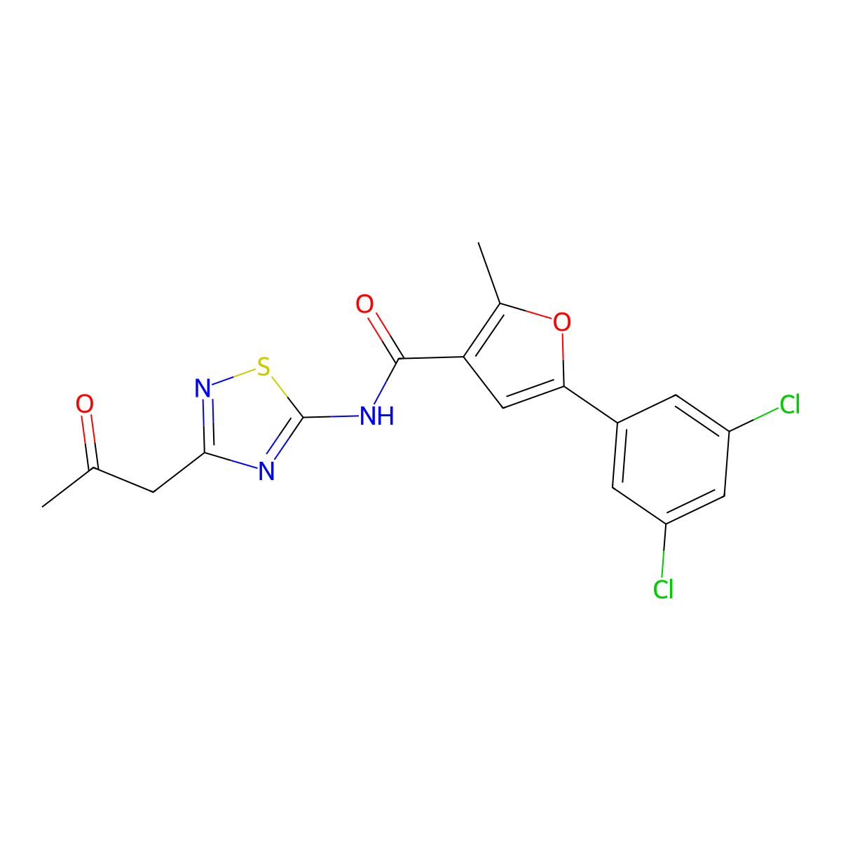 5-(3,5-dichlorophenyl)-2-methyl-N-(3-(2-oxopropyl)-1,2,4-thiadiazol-5-yl)furan-3-carboxamide molecular structure, CAS 801226-07-3