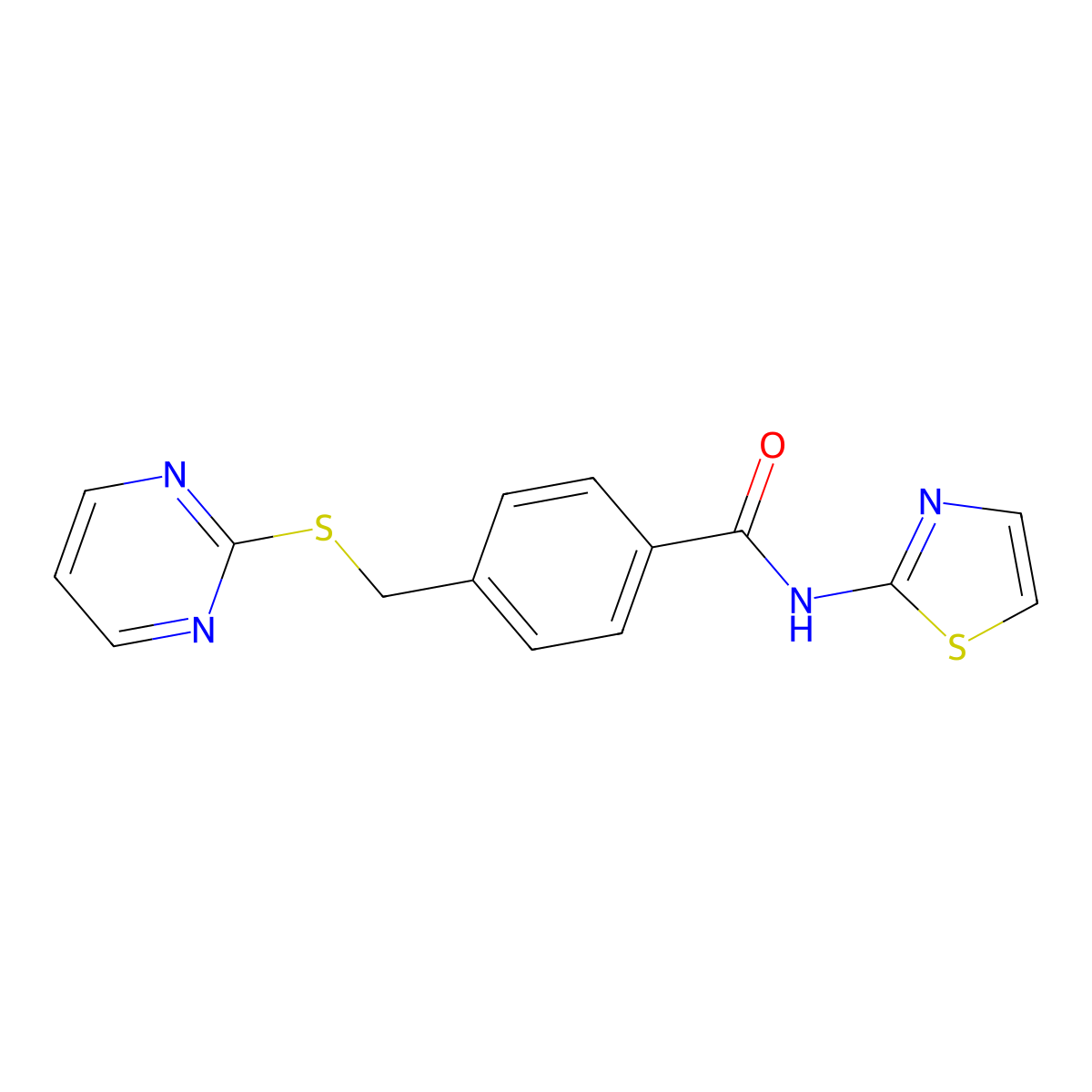 4-((pyrimidin-2-ylthio)methyl)-N-(thiazol-2-yl)benzamide molecular structure, CAS 801226-60-8