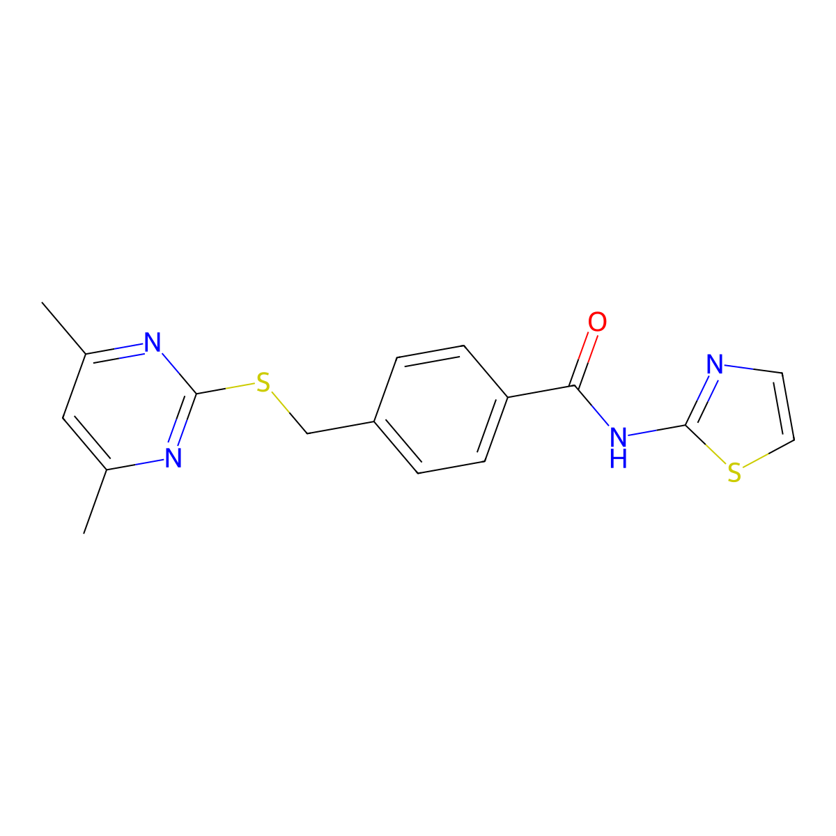 4-(((4,6-dimethylpyrimidin-2-yl)thio)methyl)-N-(thiazol-2-yl)benzamide molecular structure, CAS 801226-61-9