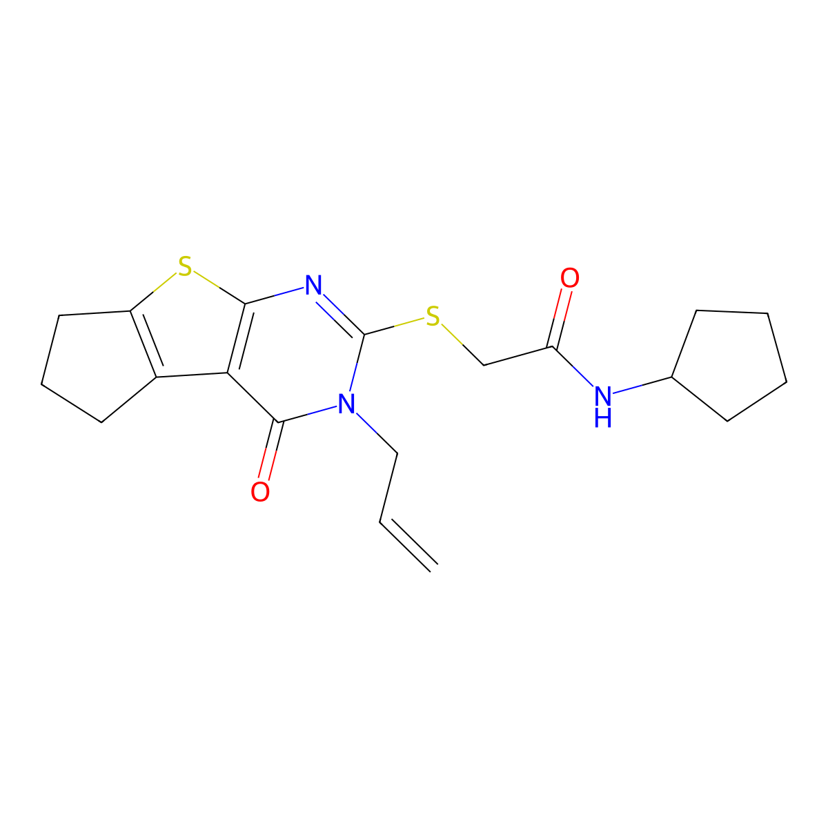 N-cyclopentyl-2-{[12-oxo-11-(prop-2-en-1-yl)-7-thia-9,11-diazatricyclo[6.4.0.0^{2,6}]dodeca-1(8),2(6),9-trien-10-yl]sulfanyl}acetamide molecular structure, CAS 801228-82-0