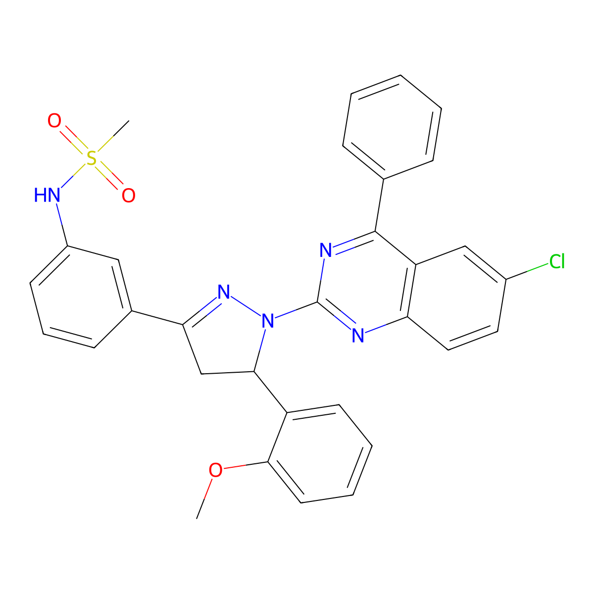 N-{3-[1-(6-chloro-4-phenylquinazolin-2-yl)-5-(2-methoxyphenyl)-4,5-dihydro-1H-pyrazol-3-yl]phenyl}methanesulfonamide molecular structure, CAS 801244-01-9