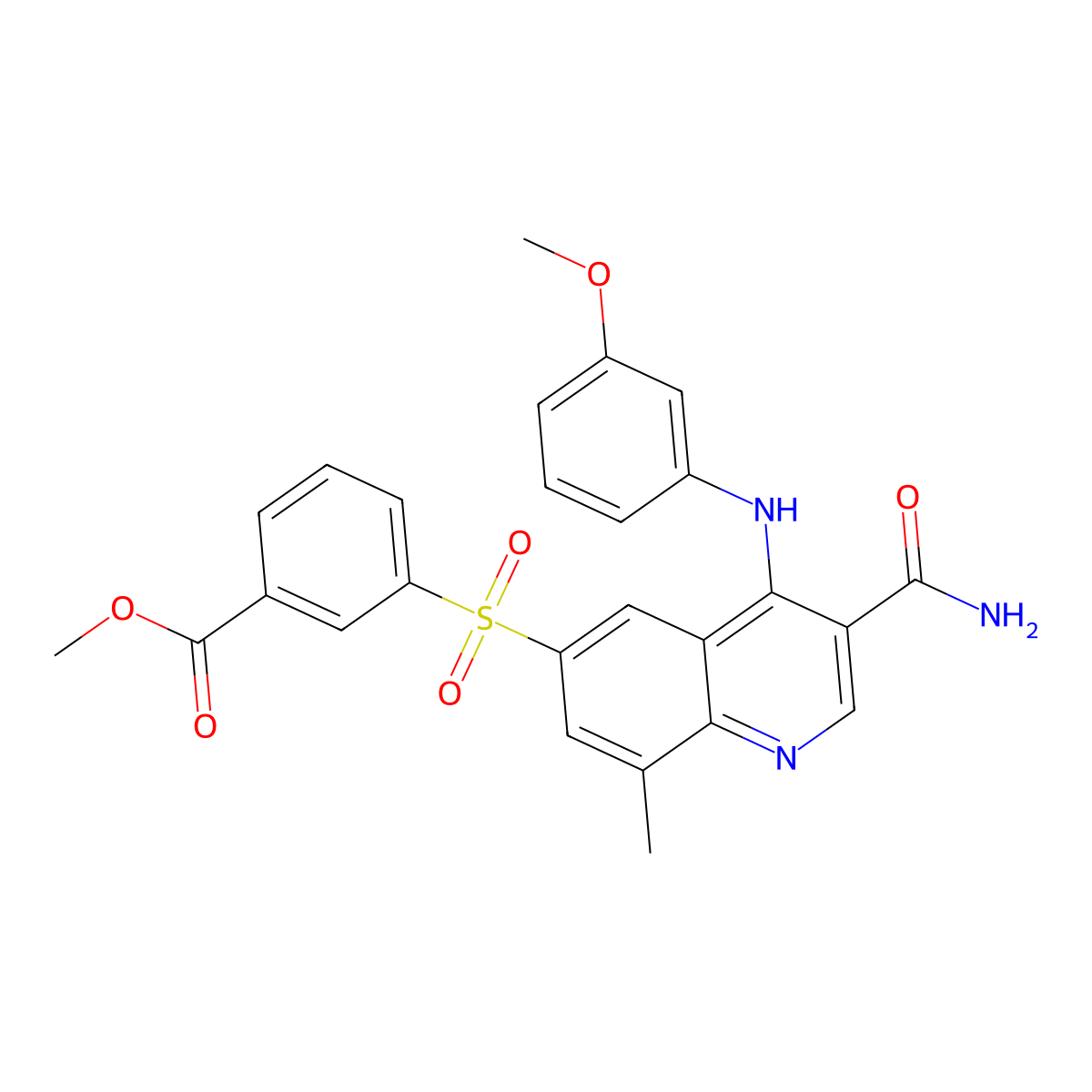 Methyl 3-(3-carbamoyl-4-(3-methoxyphenylamino)-8-methylquinolin-6-ylsulfonyl)benzoate molecular structure, CAS 801311-24-0
