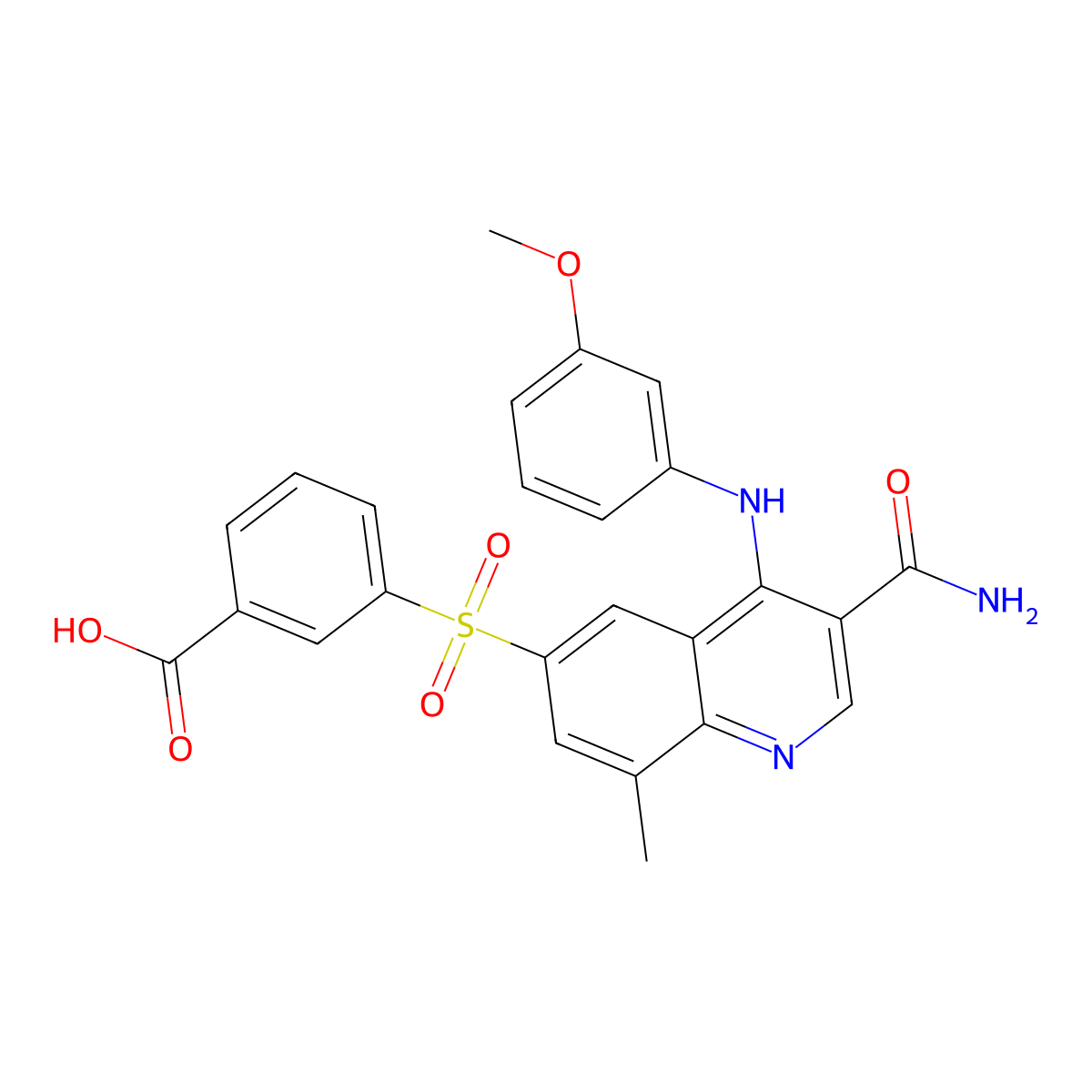 3-(3-Carbamoyl-4-(3-methoxyphenylamino)-8-methylquinolin-6-ylsulfonyl)benzoic acid molecular structure, CAS 801311-41-1