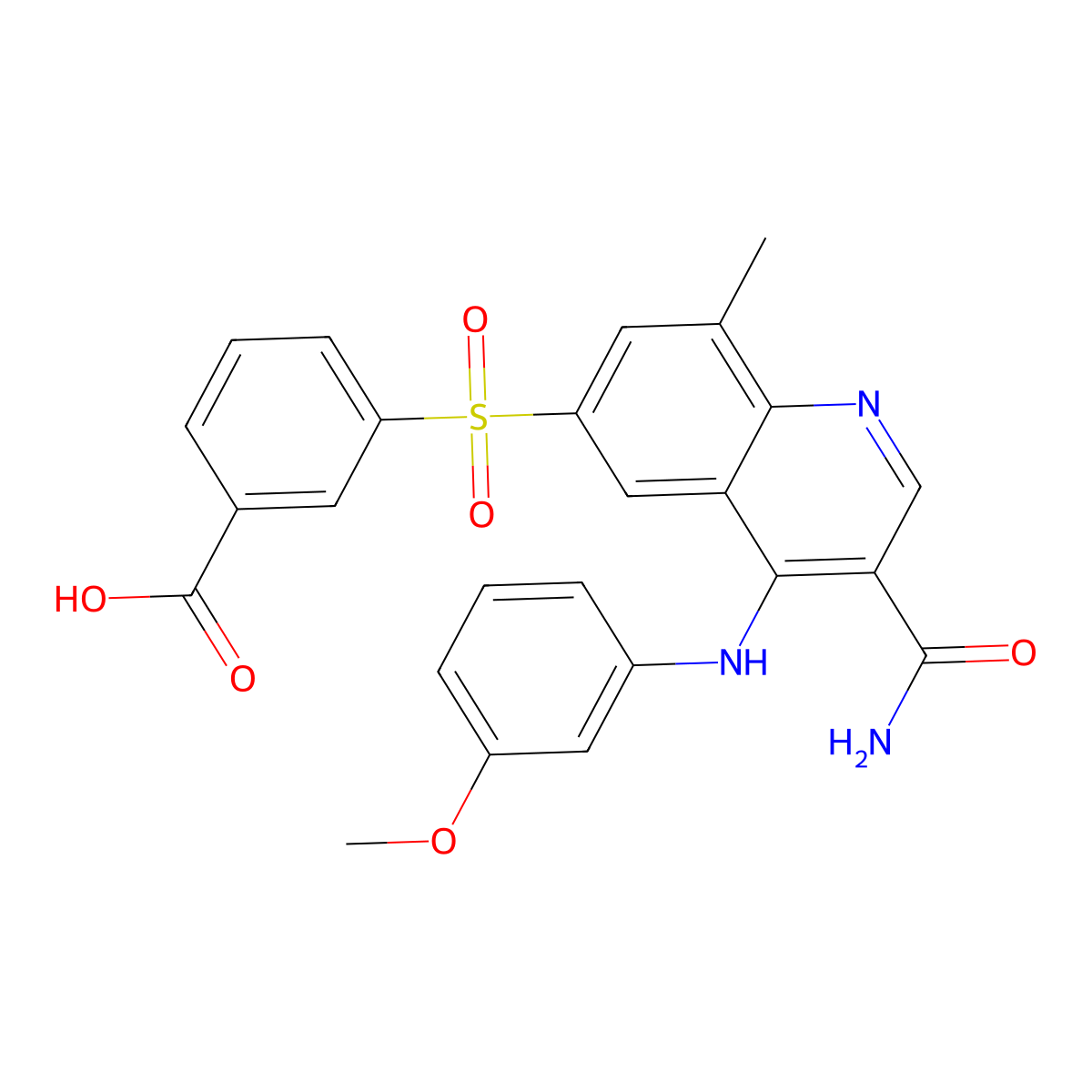 3-(3-Carbamoyl-4-(3-methoxyphenylamino)-8-methylquinolin-6-ylsulfonyl)benzoic acid molecular structure, CAS 801311-41-1