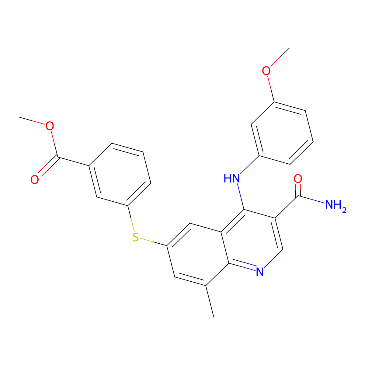 Methyl 3-(3-carbamoyl-4-(3-methoxyphenylamino)-8-methylquinolin-6-ylthio)benzoate molecular structure, CAS 801316-10-9