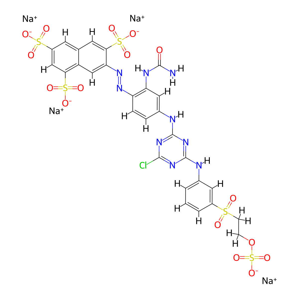 1,3,6-naphthalenetrisulfonic acid, 7-((2-((aminocarbonyl)amino)-4-((4-chloro-6-((3-((2-(sulfooxy)ethyl)sulfonyl)phenyl)amino)-1,3,5-triazin-2-yl)amino)phenyl)azo)-, tetrasodium salt molecular structure, CAS 80157-00-2