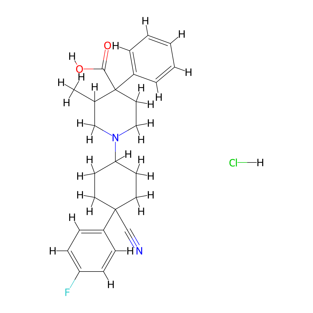 1-(4-Cyano-4-(4-fluorophenyl)cyclohexyl)-3-methyl-4-phenylpiperidine-4-carboxylic acid monohydrochloride molecular structure, CAS 80185-65-5