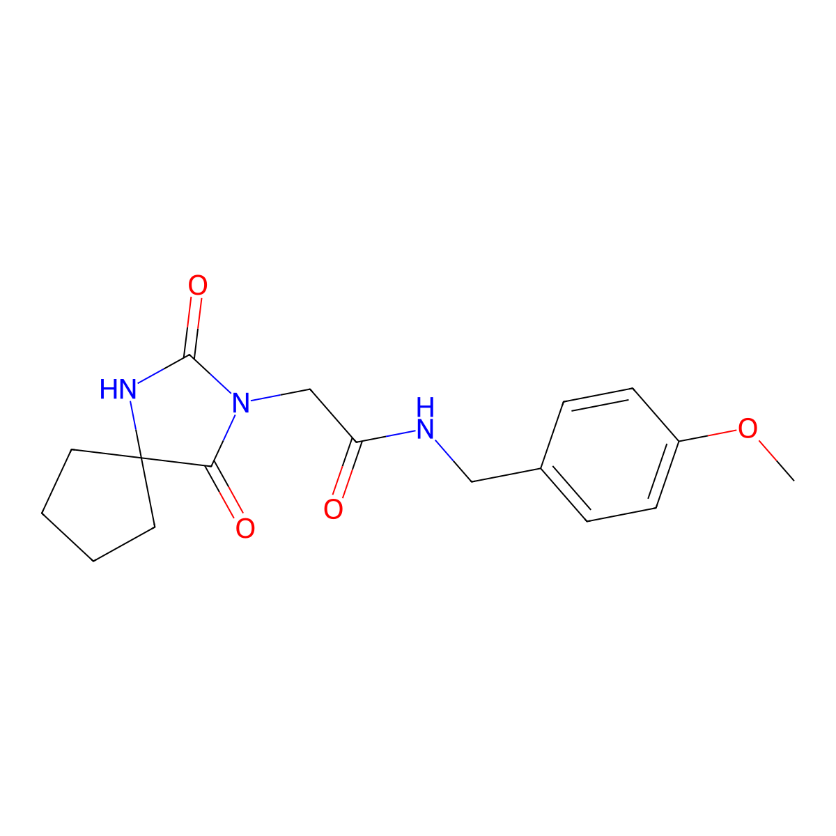 2-{2,4-dioxo-1,3-diazaspiro[4.4]nonan-3-yl}-N-[(4-methoxyphenyl)methyl]acetamide molecular structure, CAS 802933-74-0