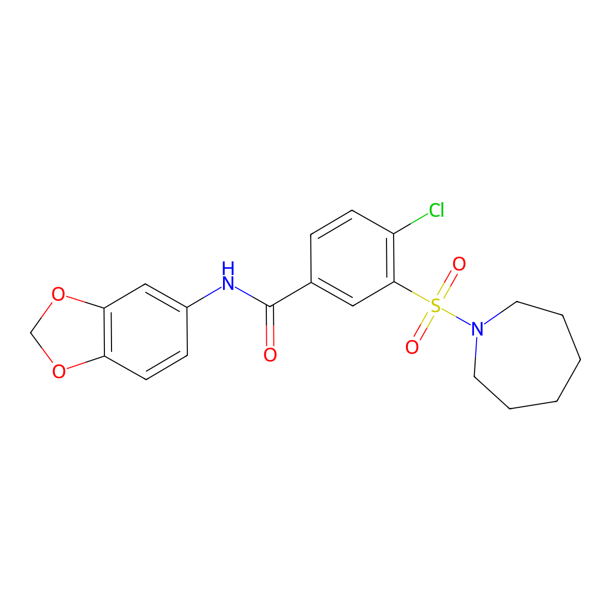3-(azepan-1-ylsulfonyl)-N-(1,3-benzodioxol-5-yl)-4-chlorobenzamide molecular structure, CAS 802948-26-1