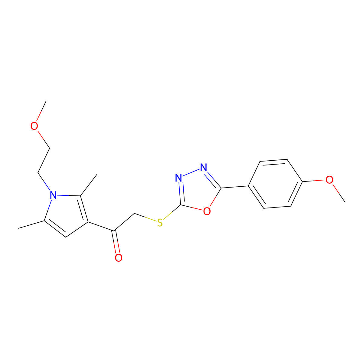 1-[1-(2-Methoxyethyl)-2,5-dimethylpyrrol-3-yl]-2-[[5-(4-methoxyphenyl)-1,3,4-oxadiazol-2-yl]sulfanyl]ethanone molecular structure, CAS 802970-39-4