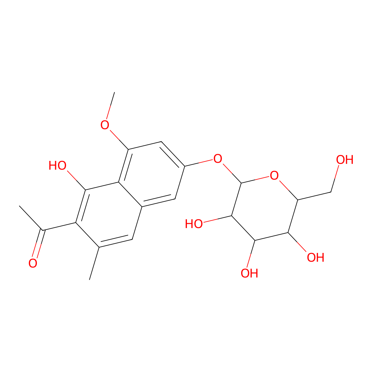 Ethanone, 1-(6-(beta-D-glucopyranosyloxy)-1-hydroxy-8-methoxy-3-methyl-2-naphthalenyl)- molecular structure, CAS 80358-06-1