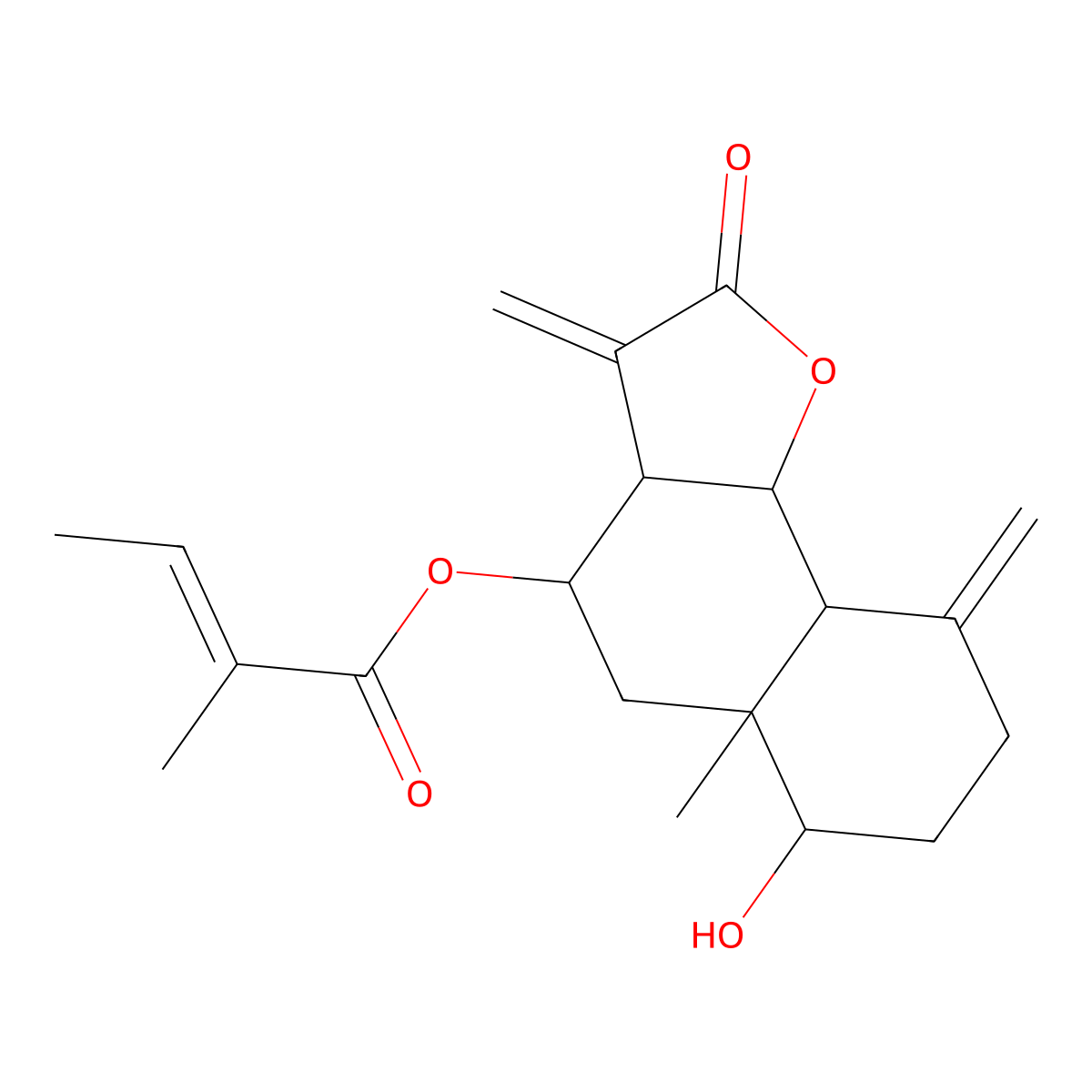 (6-Hydroxy-5a-methyl-3,9-dimethylidene-2-oxo-3a,4,5,6,7,8,9a,9b-octahydrobenzo[g][1]benzofuran-4-yl) 2-methylbut-2-enoate molecular structure, CAS 80368-31-6