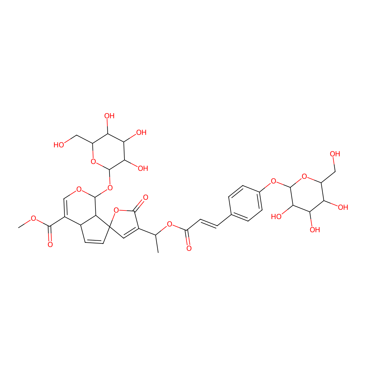 methyl 5'-oxo-1-[3,4,5-trihydroxy-6-(hydroxymethyl)oxan-2-yl]oxy-4'-[1-[3-[4-[3,4,5-trihydroxy-6-(hydroxymethyl)oxan-2-yl]oxyphenyl]prop-2-enoyloxy]ethyl]spiro[4a,7a-dihydro-1H-cyclopenta[c]pyran-7,2'-furan]-4-carboxylate molecular structure, CAS 80396-57-2