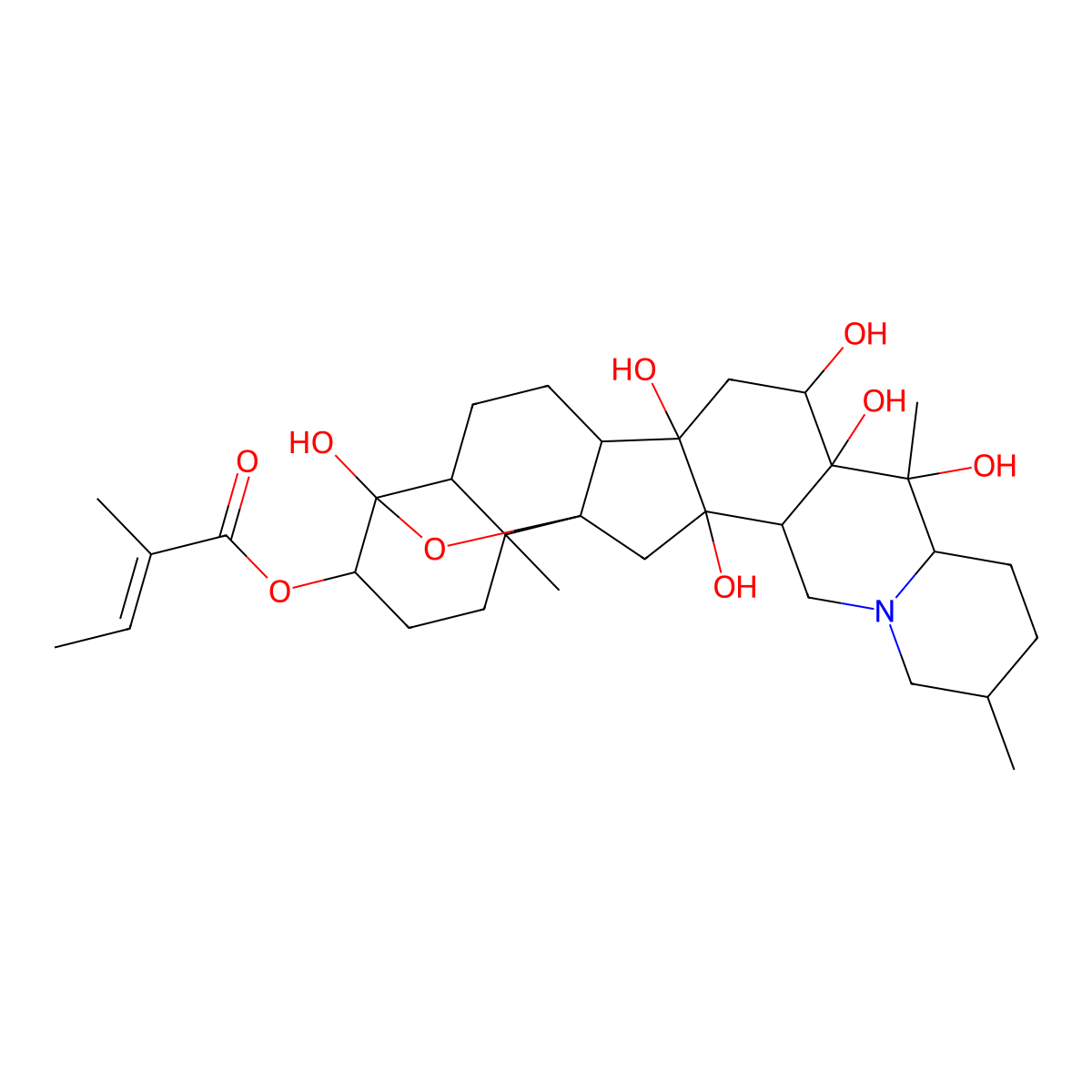 (1,10,11,12,14,23-Hexahydroxy-6,10,19-trimethyl-24-oxa-4-azaheptacyclo(12.12.0.02,11.04,9.015,25.018,23.019,25)hexacosan-22-yl) 2-methylbut-2-enoate molecular structure, CAS 8051-02-3
