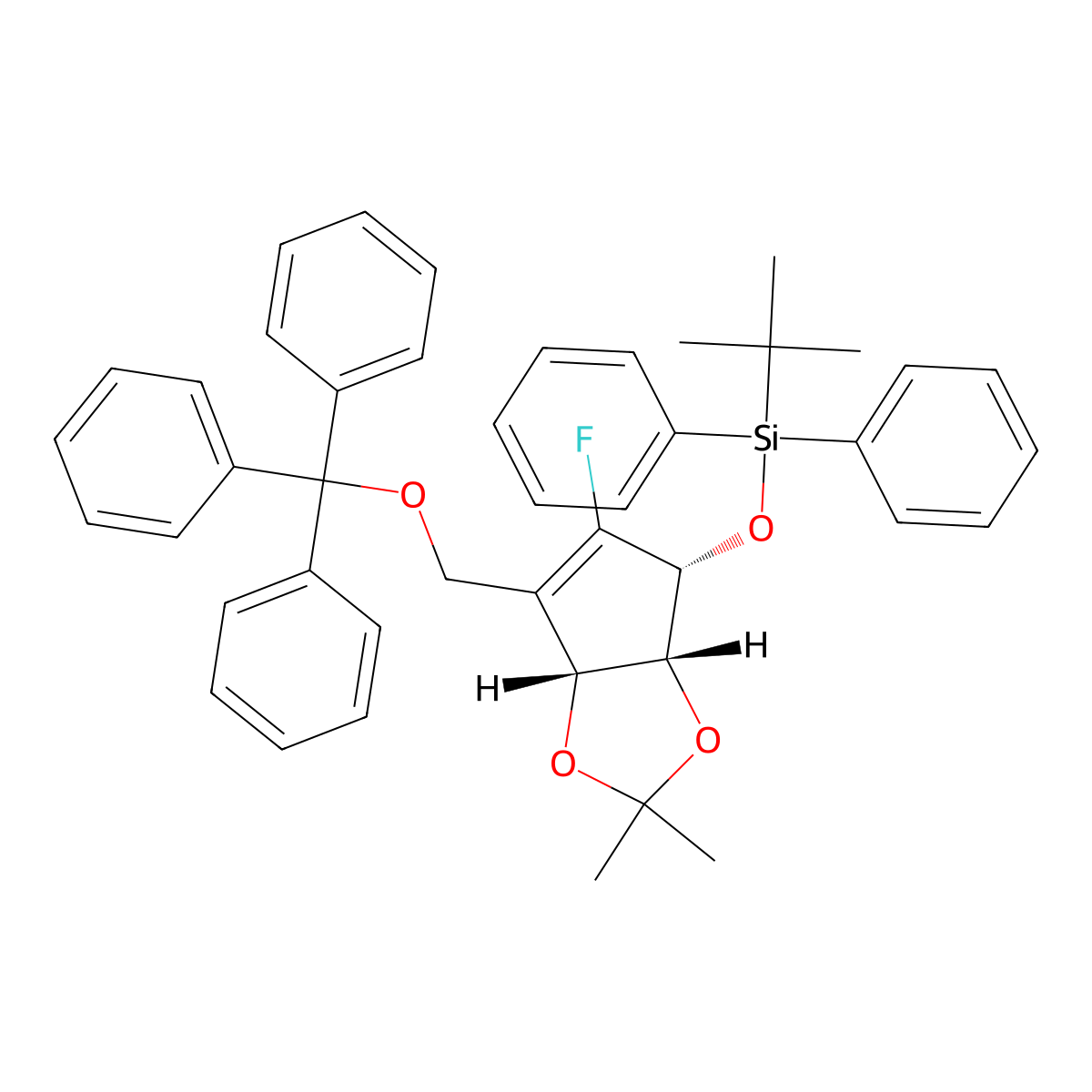 tert-Butyl(((3aR,4R,6aR)-5-fluoro-2,2-dimethyl-6-((trityloxy)methyl)-4,6a-dihydro-3aH-cyclopenta[d][1,3]dioxol-4-yl)oxy)diphenylsilane molecular structure, CAS 805245-41-4