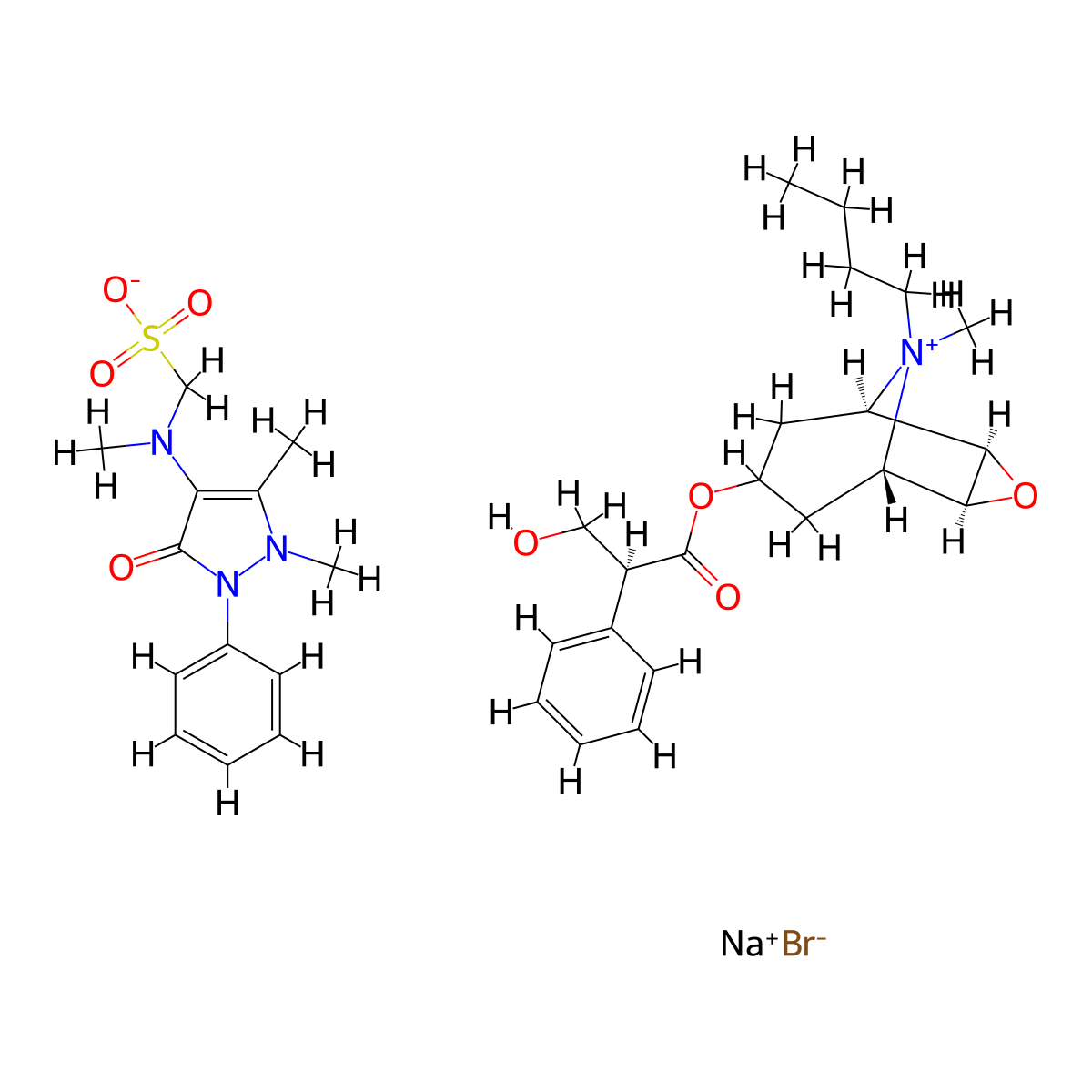 9-Butyl-7-((3-hydroxy-2-phenylpropanoyl)oxy)-9-methyl-3-oxa-9-azatricyclo(3.3.1.0~2,4~)nonan-9-ium sodium bromide ((1,5-dimethyl-3-oxo-2-phenyl-2,3-dihydro-1H-pyrazol-4-yl)(methyl)amino)methanesulfonate (1/1/1/1) molecular structure, CAS 8059-83-4